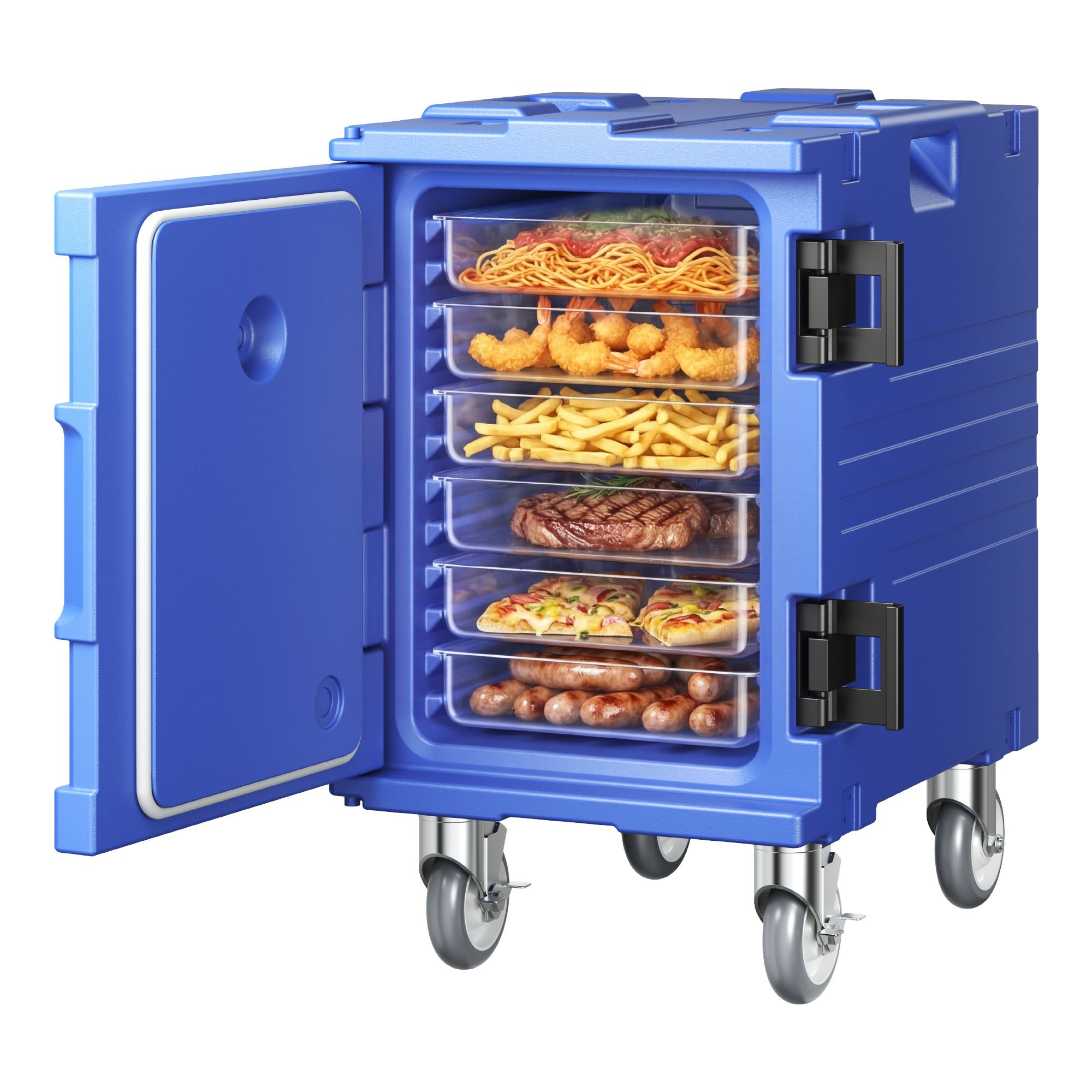 VEVOR Porta recipientes aislados para alimentos caja caliente de 90 L para catering porta cajas de alimentos LLDPE con hebilla de una pieza de carga frontal con asas, cargador final con ruedas
