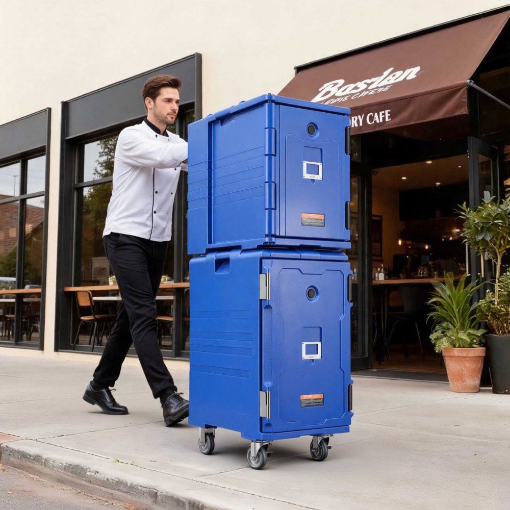 VEVOR Caja Térmica para Alimentos con Aislamiento 120 L para Catering, Caja para Alimentos con Hebillas Dobles, con Asas, Cargador Frontal con Ruedas para Restaurantes y Cantinas, 658 x 480 x 810 mm