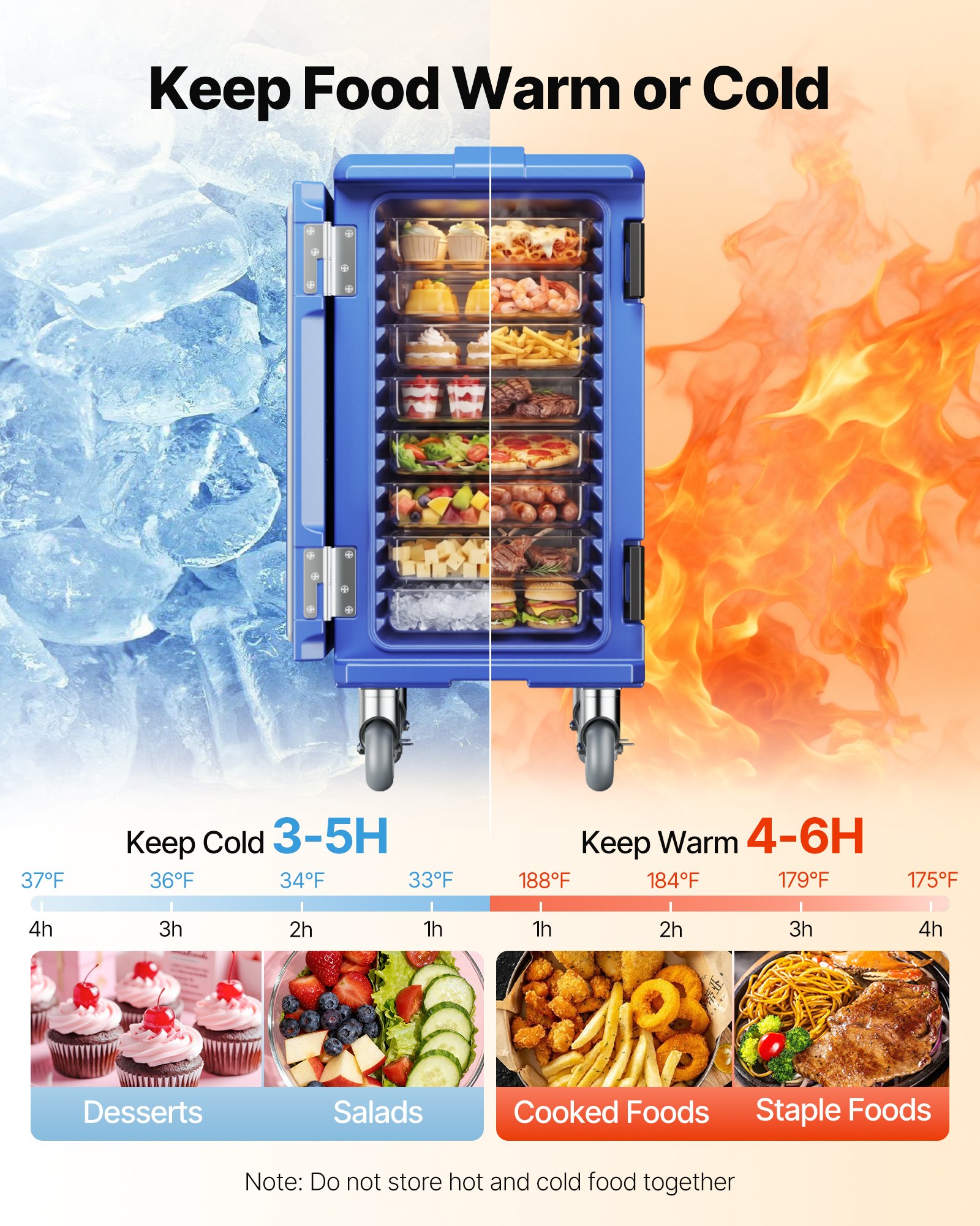 VEVOR Caja Térmica para Alimentos con Aislamiento 120 L para Catering, Caja para Alimentos con Hebillas Dobles, con Asas, Cargador Frontal con Ruedas para Restaurantes y Cantinas, 658 x 480 x 810 mm