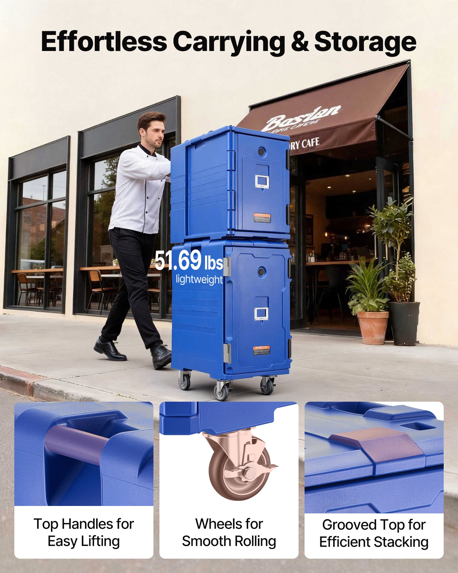 VEVOR Caja Térmica para Alimentos con Aislamiento 120 L para Catering, Caja para Alimentos con Hebillas Dobles, con Asas, Cargador Frontal con Ruedas para Restaurantes y Cantinas, 658 x 480 x 810 mm