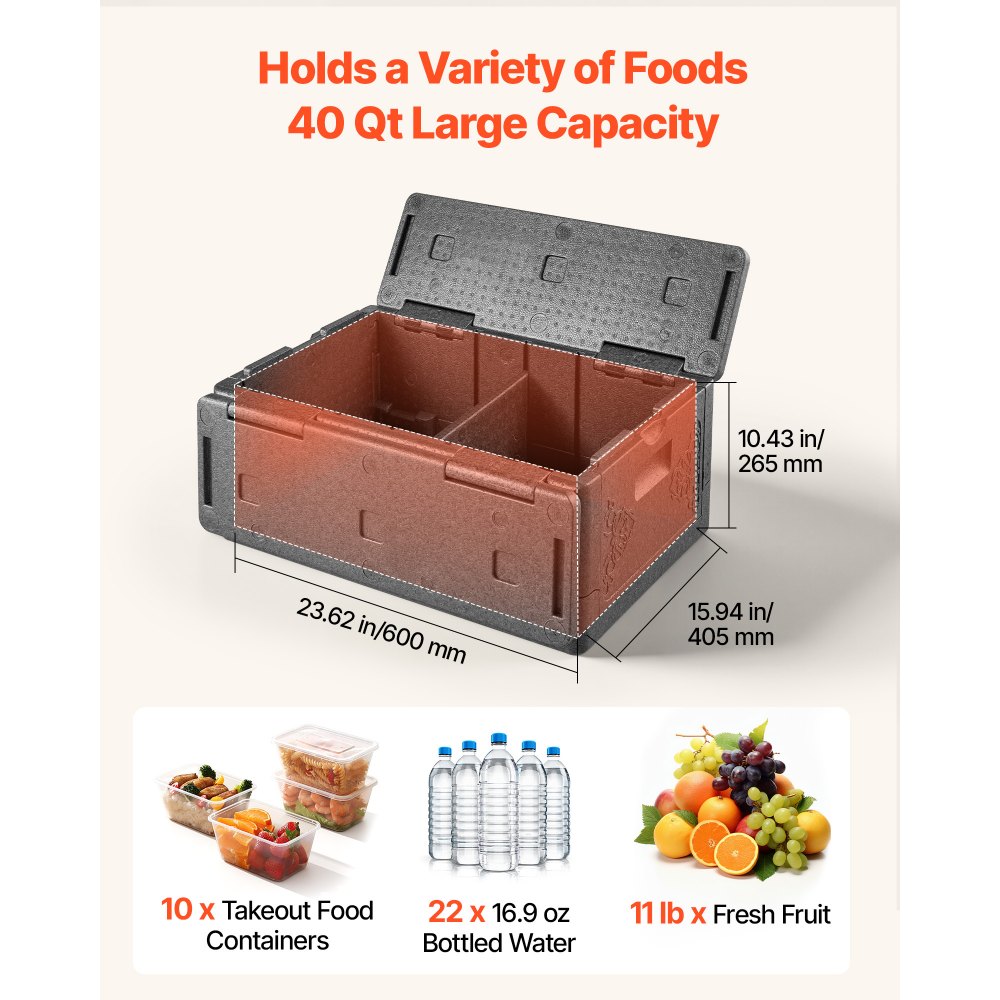 VEVOR Contenedor Isotérmico de Alimentos 38 L, Caja Isotérmica de EPP No Eléctrico, para Alimentos Calientes y Fríos, Ligero y de Alta Rigidez, para Reparto, Transporte, Catering, Eventos de barbacoa