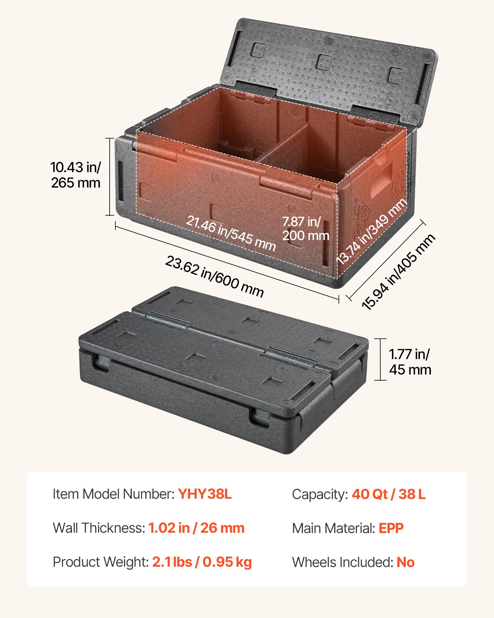 VEVOR Contenedor Isotérmico de Alimentos 38 L, Caja Isotérmica de EPP No Eléctrico, para Alimentos Calientes y Fríos, Ligero y de Alta Rigidez, para Reparto, Transporte, Catering, Eventos de barbacoa