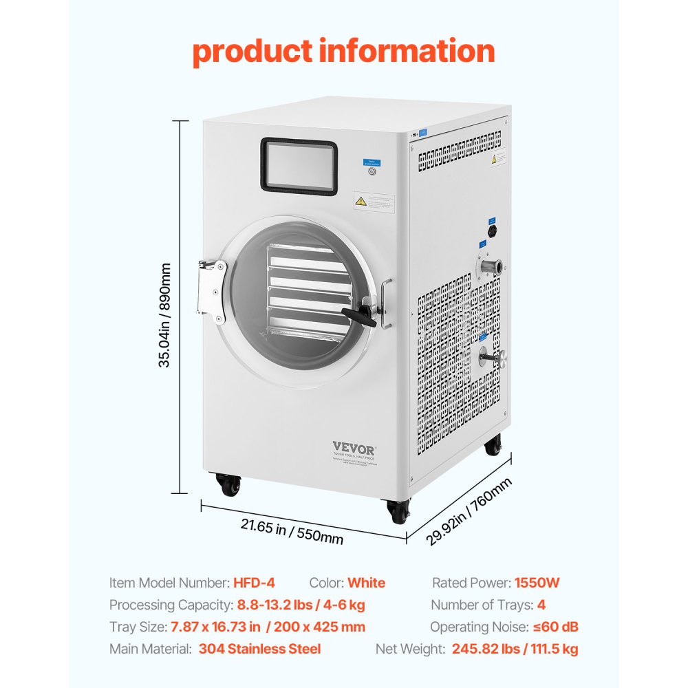 VEVOR Freeze Dryer Freeze Drying Machine Drying Equipment (4-6 kg Capacity) for Food with 4-Layer Trays & Adjustable Temperature and Time, for Fruit White