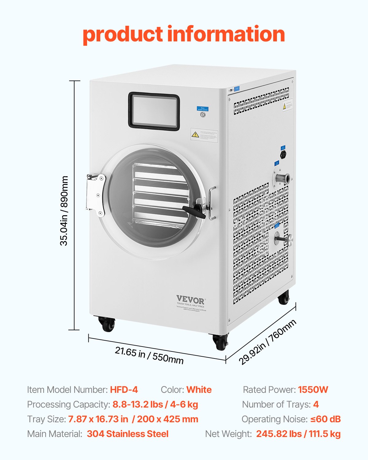 VEVOR Freeze Dryer Freeze Drying Machine Drying Equipment (4-6 kg Capacity) for Food with 4-Layer Trays & Adjustable Temperature and Time, for Fruit White