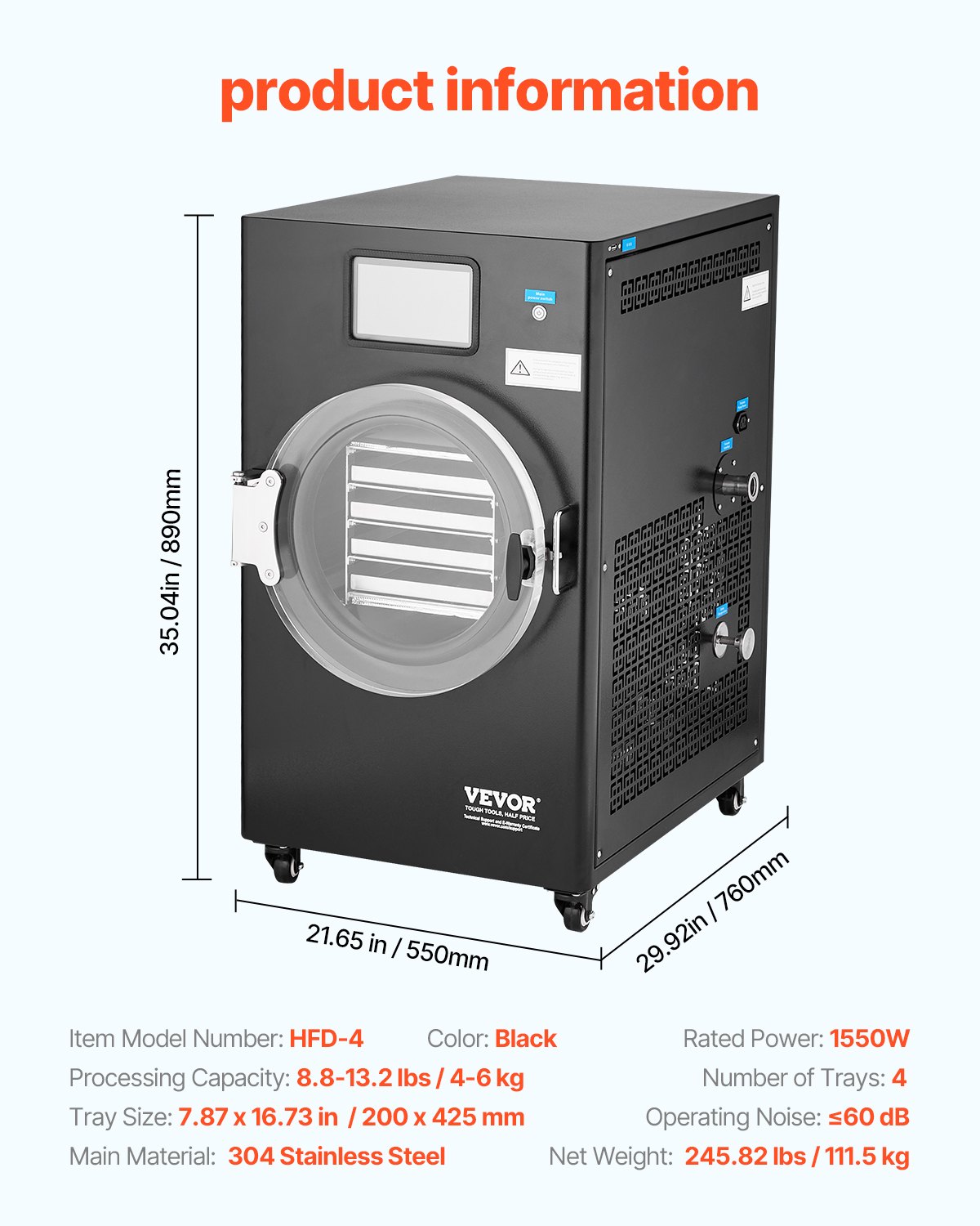 VEVOR Secadora por Congelación al Vacío Máquina de Secado por Congelación 4-6 kg Bandejas de 4 Capas Bomba de Vacío Temporizador Ajustable y Control de Temperatura para Frutas, Verduras, Negro