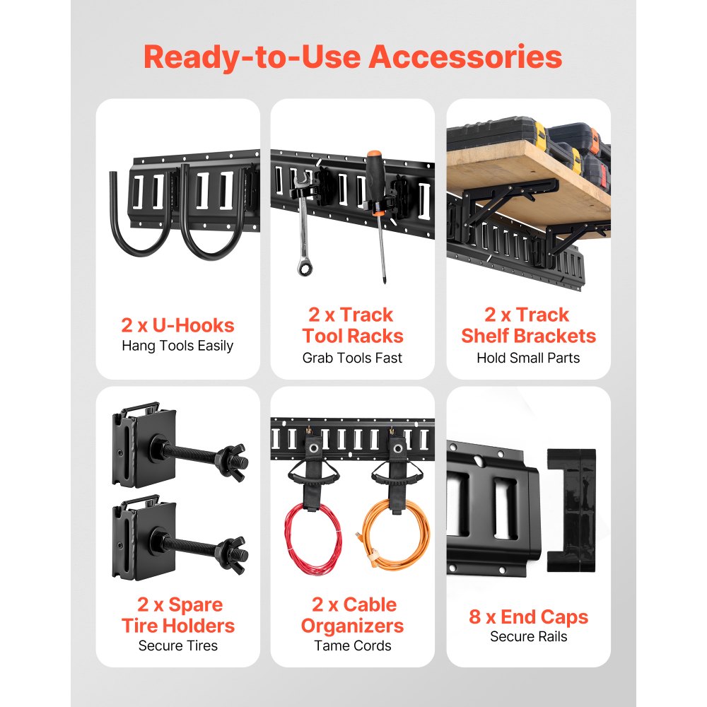 VEVOR Kit de 4 Rieles de Amarre E-Track 0,4 m, con 2 Ganchos, 2 Portaherramientas, 2 Soportes a Estantes, 2 Soportes a Neumáticos, 2 Anillas a Almacenamiento Cables, 8 Tapas de Extremo y 1 Bolsa