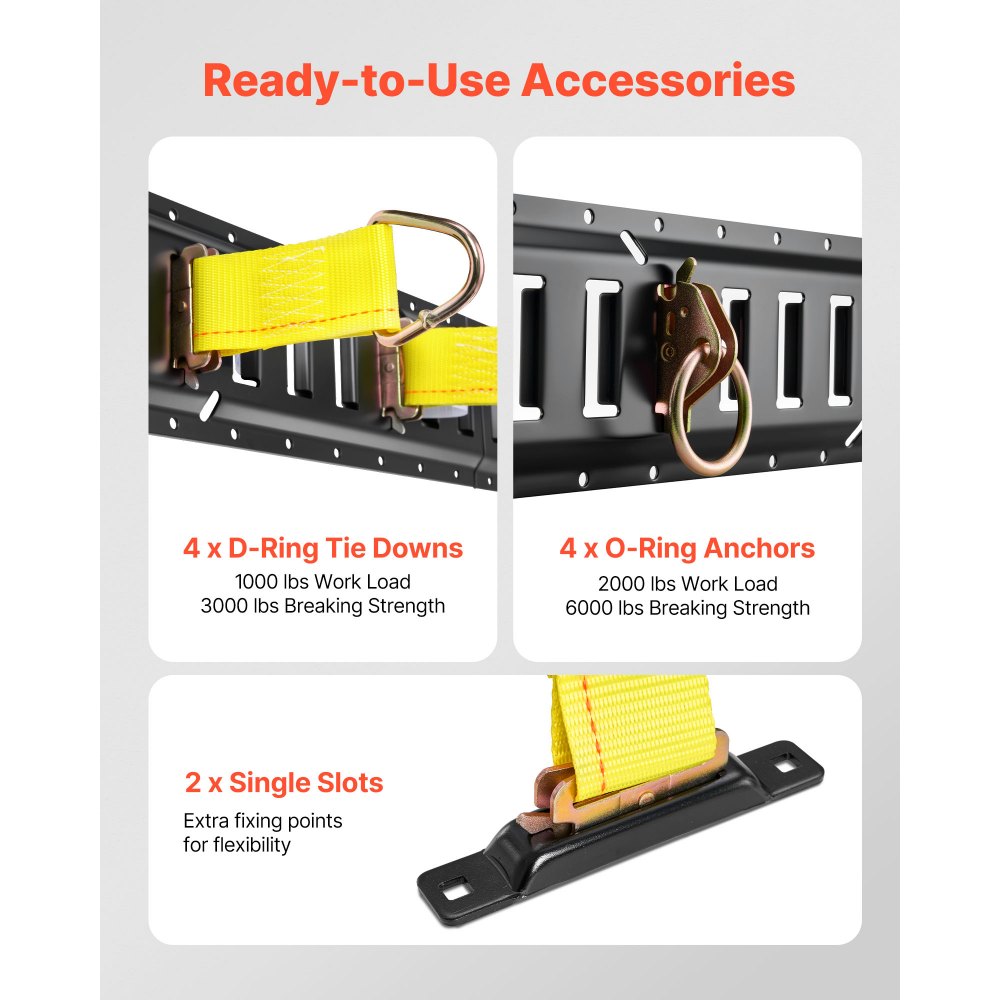 VEVOR Kit de 4 Rieles de Amarre E-Track de 0,4 m, con 2 Correas de Trinquete, 4 Juntas Tóricas, 4 Correas de Amarre con Anilla en D, 2 Ranuras Individuales, 8 Tapas de Extremo y 1 Bolsa, Negro