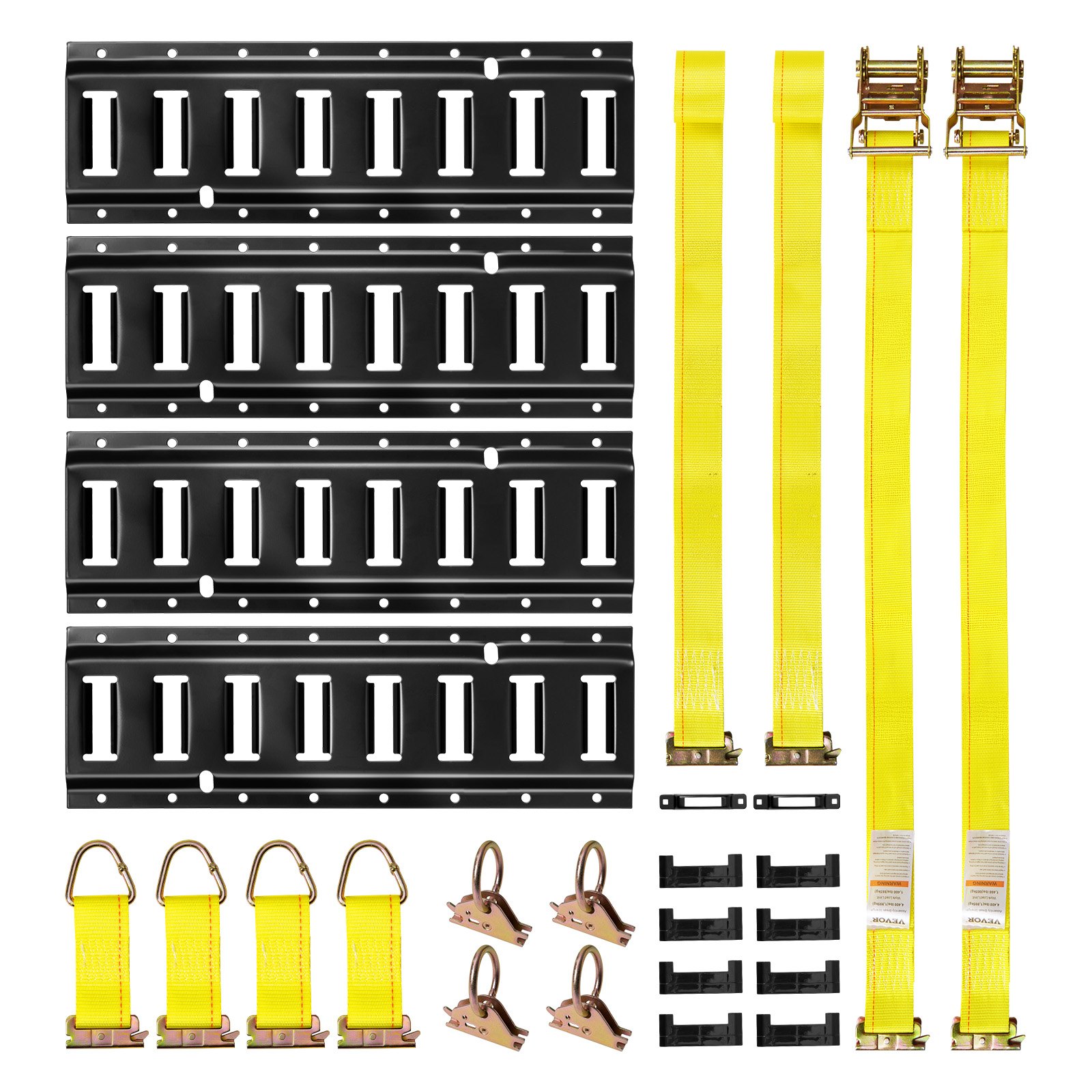 VEVOR Kit de 4 Rieles de Amarre E-Track de 0,4 m, con 2 Correas de Trinquete, 4 Juntas Tóricas, 4 Correas de Amarre con Anilla en D, 2 Ranuras Individuales, 8 Tapas de Extremo y 1 Bolsa, Negro