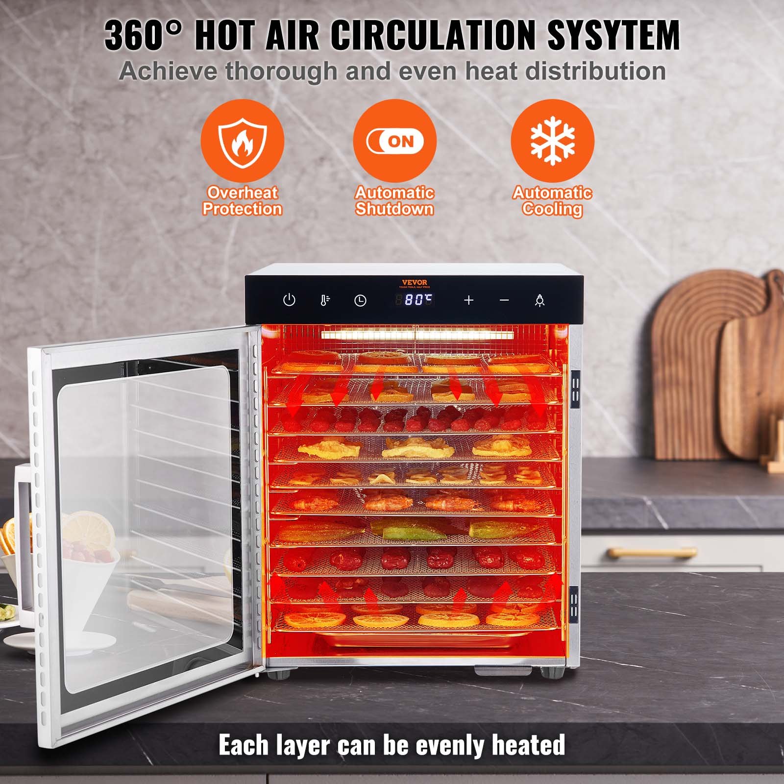 VEVOR Máquina Deshidratadora de Alimentos 10 Bandejas de Acero Inoxidable 800 W Deshidratador Eléctrico de Frutas y Verduras Temperatura Ajustable 30-90 °C Temporizador 0,5-48 h para Hierbas, Carne