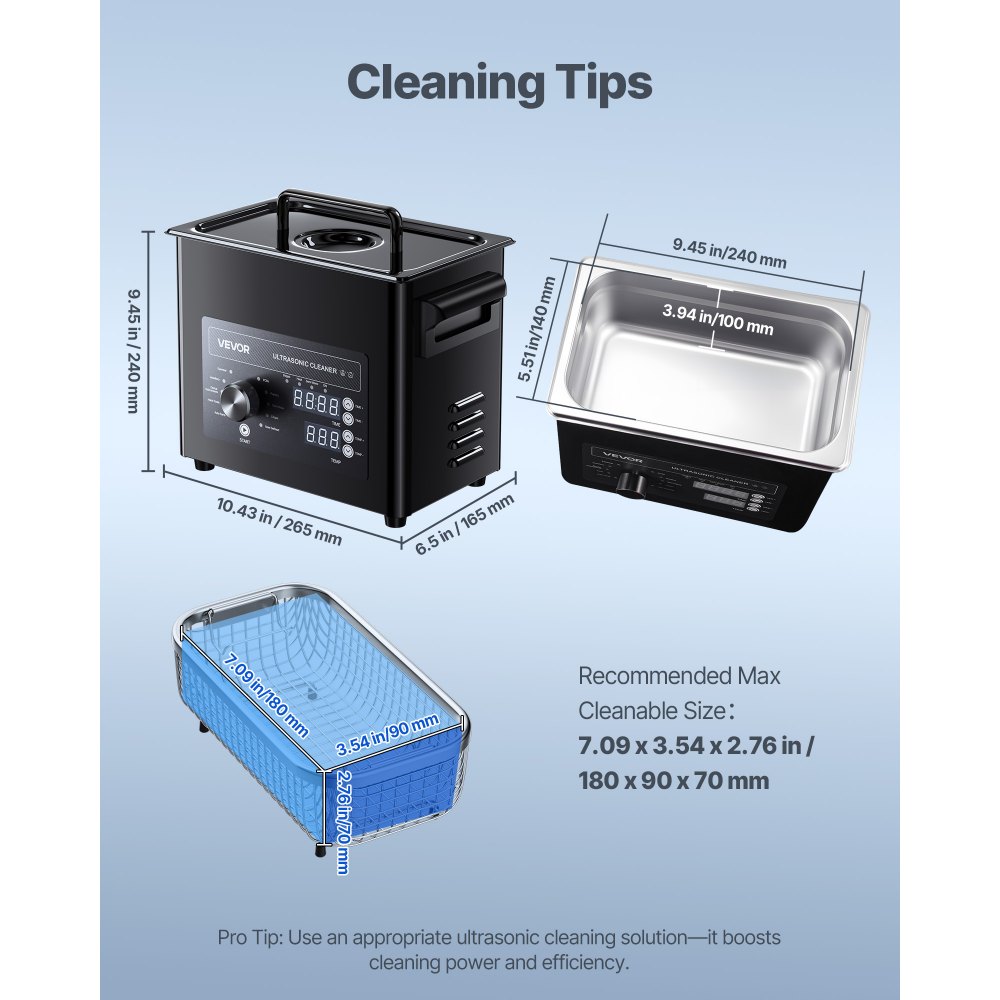 VEVOR Limpiador Ultrasónico 3 L, Máquina de Ultrasonido para Limpieza con Control de Perilla, de Acero Inoxidable, con Cesta y Bola de Limpieza para Relojes, Maquinillas de Afeitar, Joyas, Negro