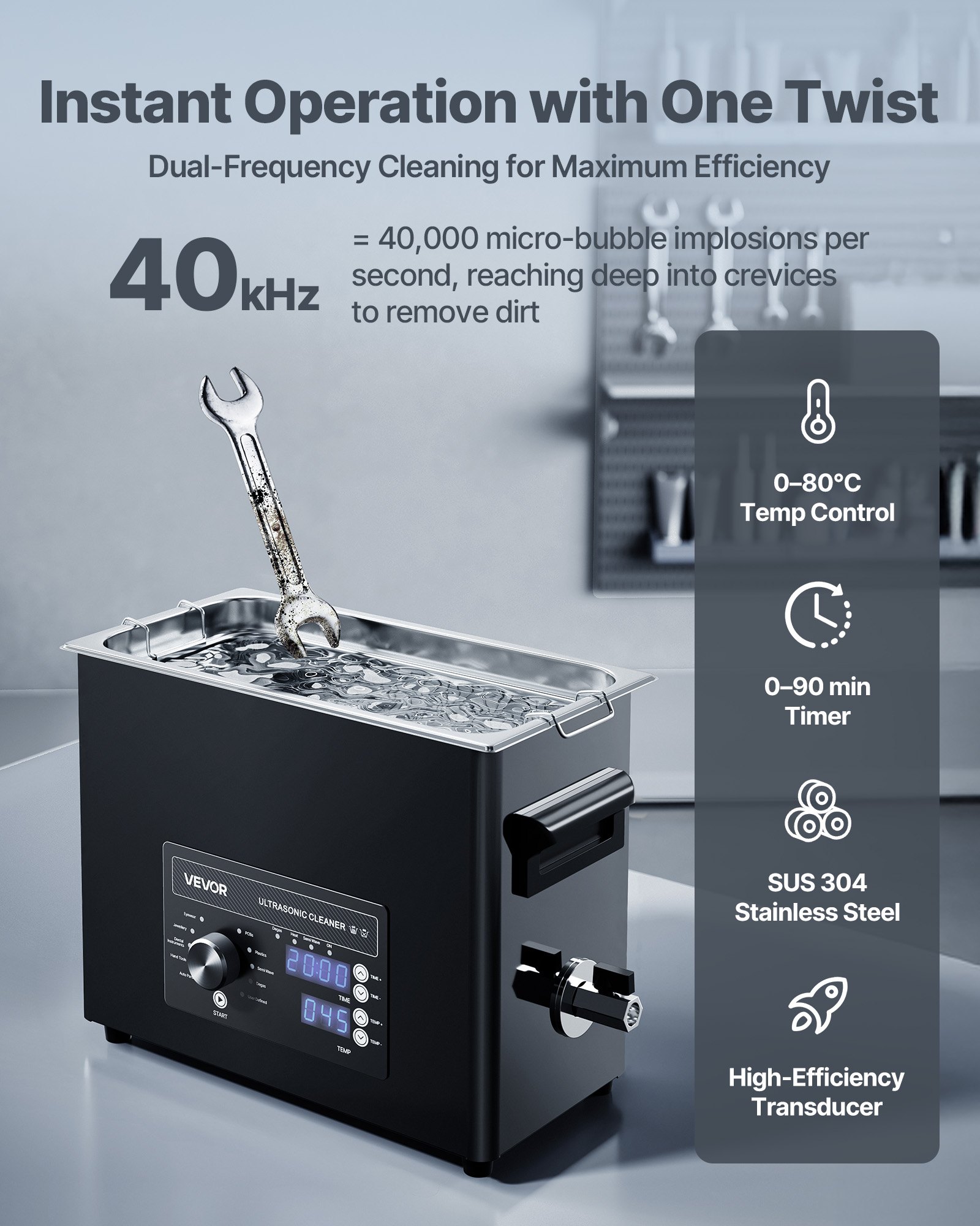 VEVOR Limpiador Ultrasónico 6 L, Máquina de Ultrasonido para Limpieza con Control de Perilla, de Acero Inoxidable, con Cesta y Bola de Limpieza para Relojes, Maquinillas de Afeitar, Joyas, Negro