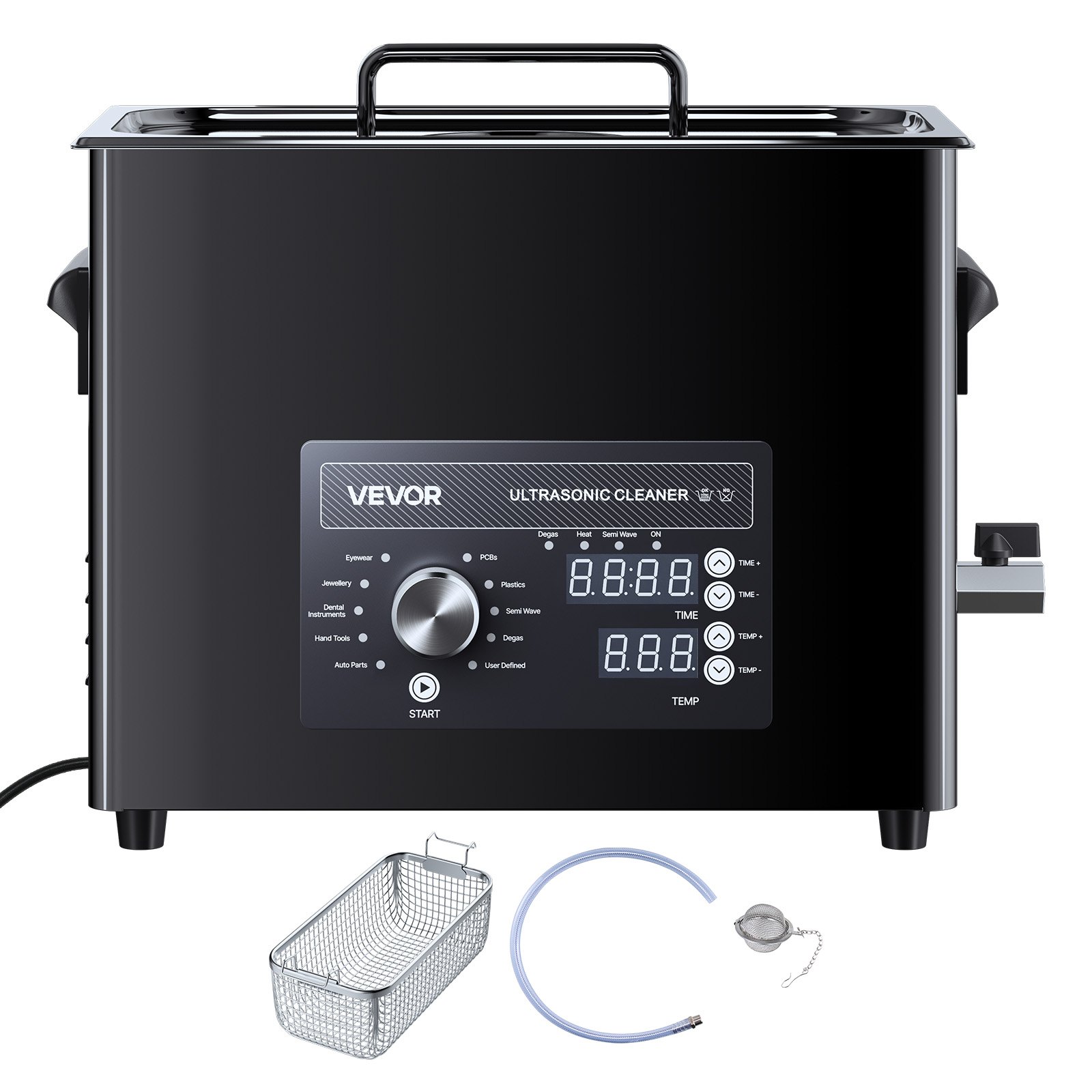VEVOR Limpiador Ultrasónico 6 L, Máquina de Ultrasonido para Limpieza con Control de Perilla, de Acero Inoxidable, con Cesta y Bola de Limpieza para Relojes, Maquinillas de Afeitar, Joyas, Negro