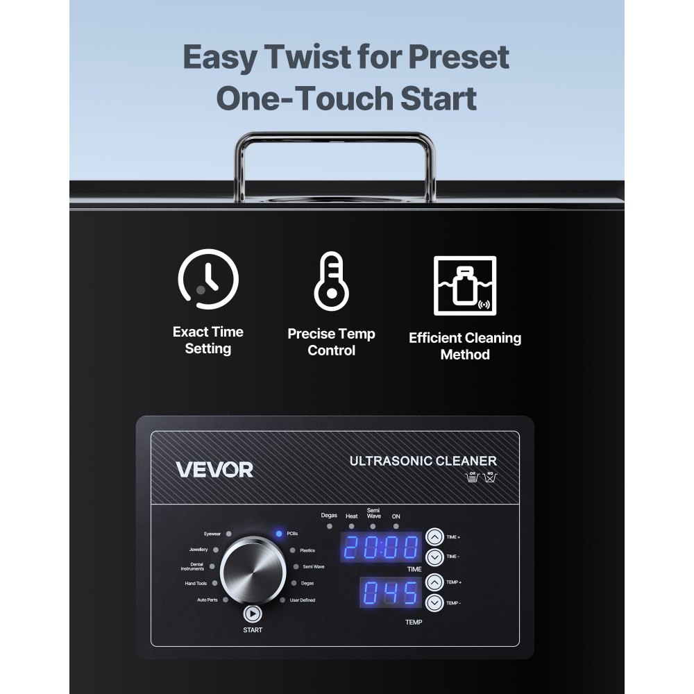 VEVOR Limpiador Ultrasónico 30 L, Máquina de Ultrasonido para Limpieza con Control de Perilla, de Acero Inoxidable, con Cesta y Bola de Limpieza para Relojes, Maquinillas de Afeitar, Joyas, Negro