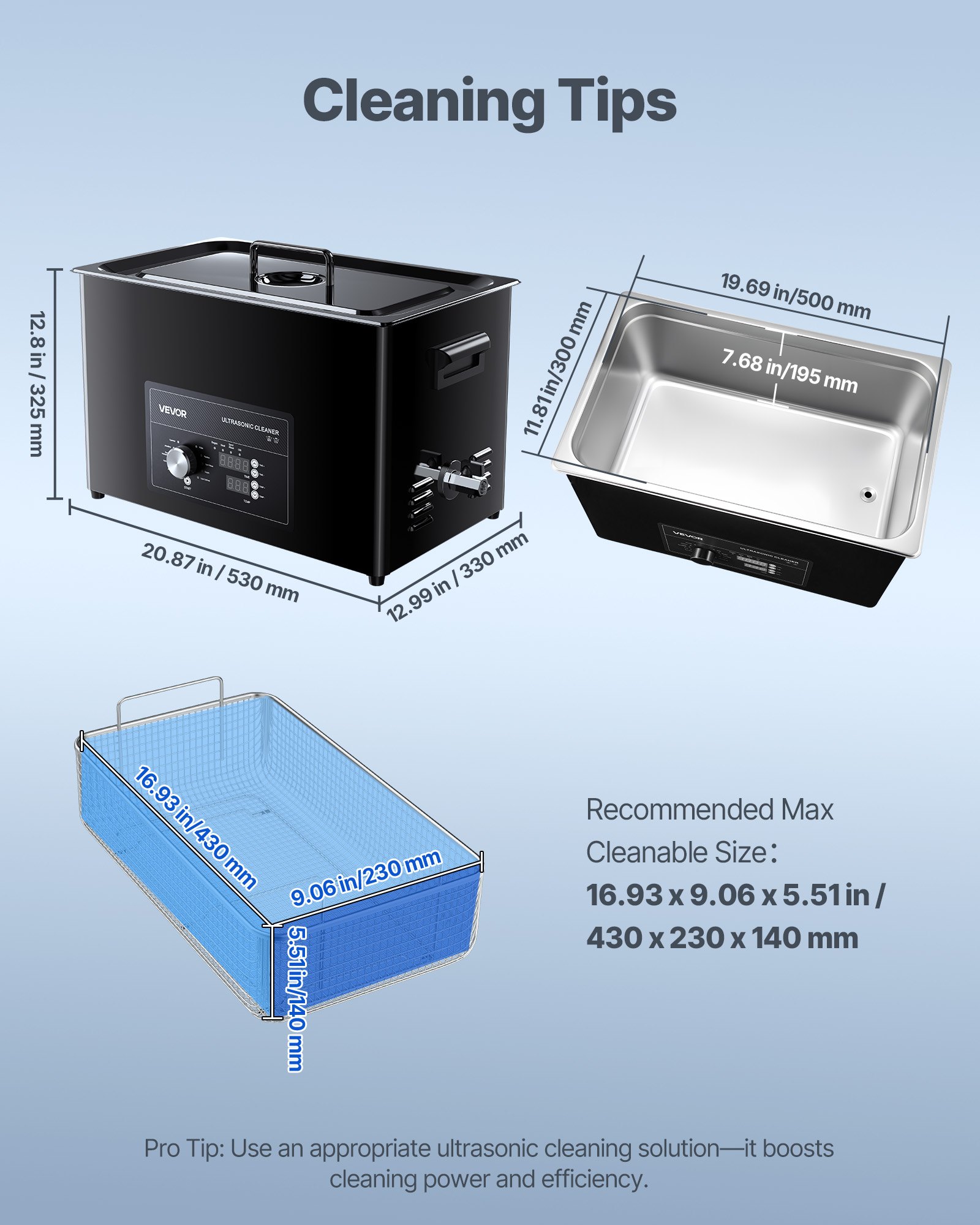 VEVOR Limpiador Ultrasónico 30 L, Máquina de Ultrasonido para Limpieza con Control de Perilla, de Acero Inoxidable, con Cesta y Bola de Limpieza para Relojes, Maquinillas de Afeitar, Joyas, Negro