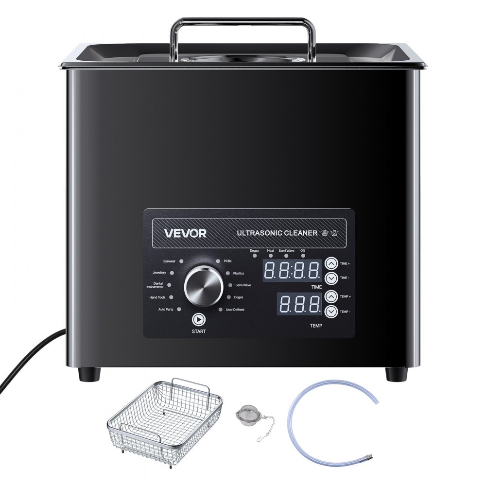 VEVOR Limpiador Ultrasónico 10 L, Máquina de Ultrasonido para Limpieza con Control de Perilla, de Acero Inoxidable, con Cesta y Bola de Limpieza para Relojes, Maquinillas de Afeitar, Joyas, Negro