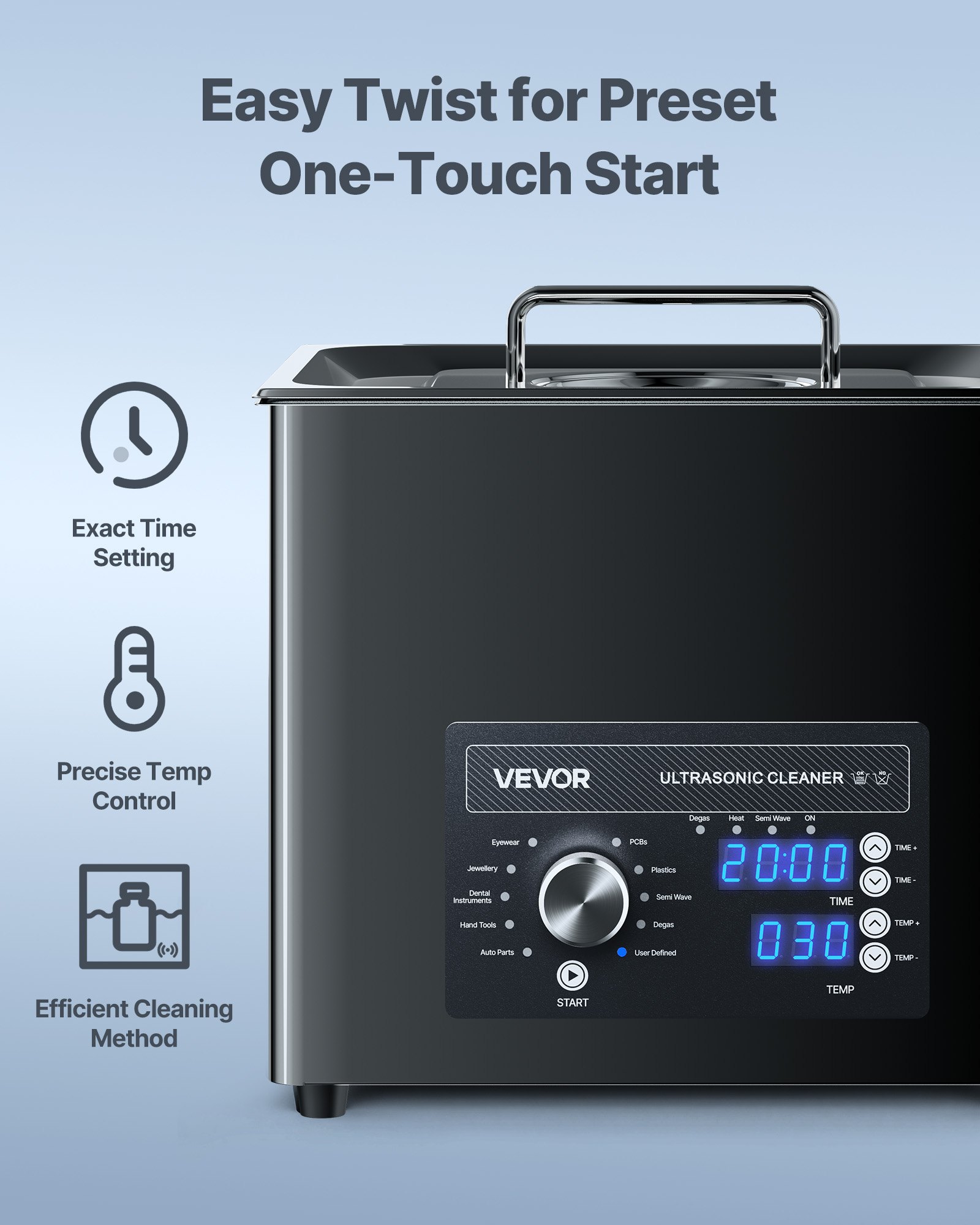 VEVOR Limpiador Ultrasónico 10 L, Máquina de Ultrasonido para Limpieza con Control de Perilla, de Acero Inoxidable, con Cesta y Bola de Limpieza para Relojes, Maquinillas de Afeitar, Joyas, Negro