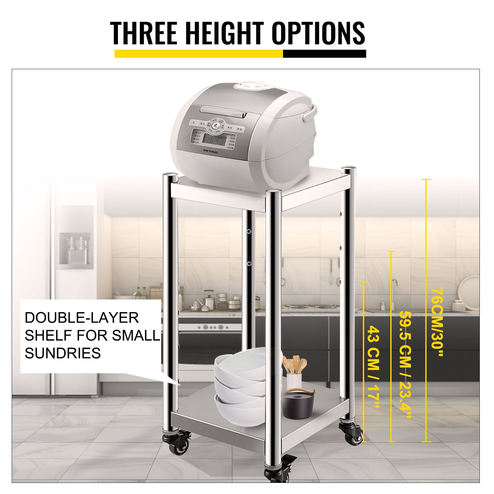 VEVOR Soporte para Calentador de Arroz 14" x 14" Soporte para Equipo de Acero Inoxidable Soporte para Calentador de Sushi 2 Estantes para Equipo de Cocina Comercial con Ruedas y Dos Frenos