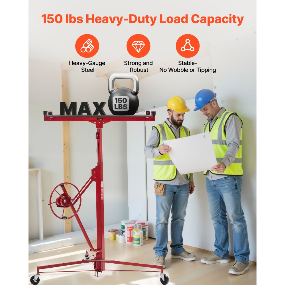VEVOR Elevador de Placas de Yeso, con Brazo Telescópico Ajustable de 1245–2921 mm, Carga de 68 kg, Altura de 3353 mm, para Montaje en Techo y Pared, de Acero Q235B, 1530 x 1530 x 1450 mm, Rojo
