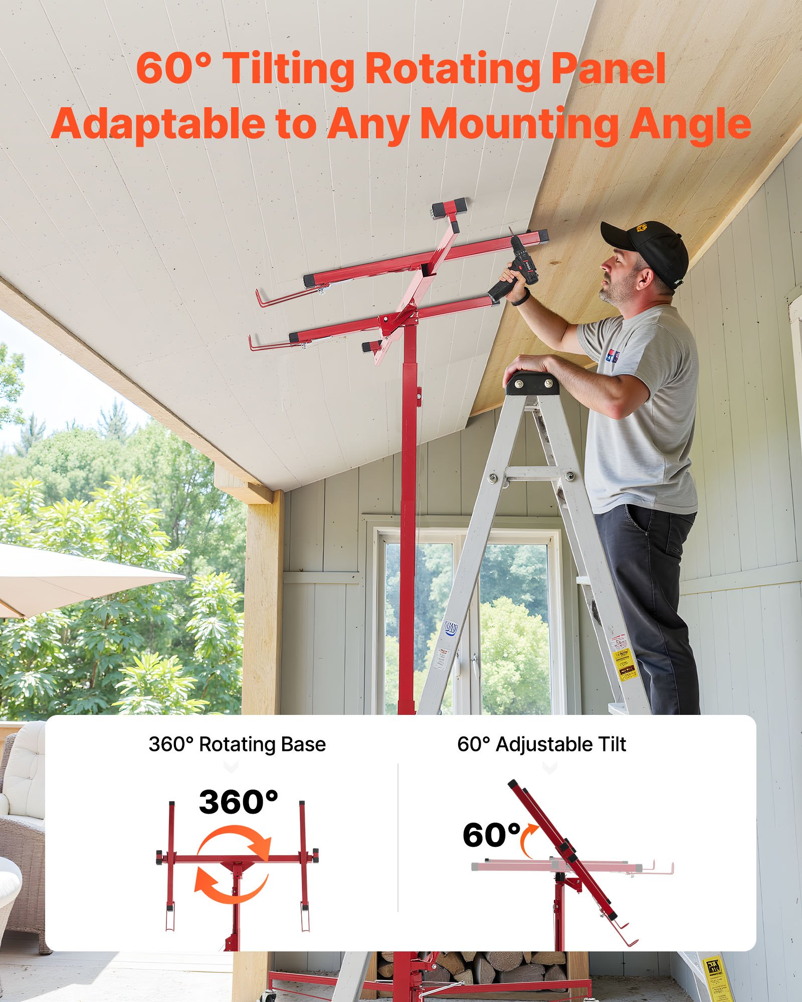VEVOR Elevador de Placas de Yeso, con Brazo Telescópico Ajustable de 1245–2921 mm, Carga de 68 kg, Altura de 3353 mm, para Montaje en Techo y Pared, de Acero Q235B, 1530 x 1530 x 1450 mm, Rojo