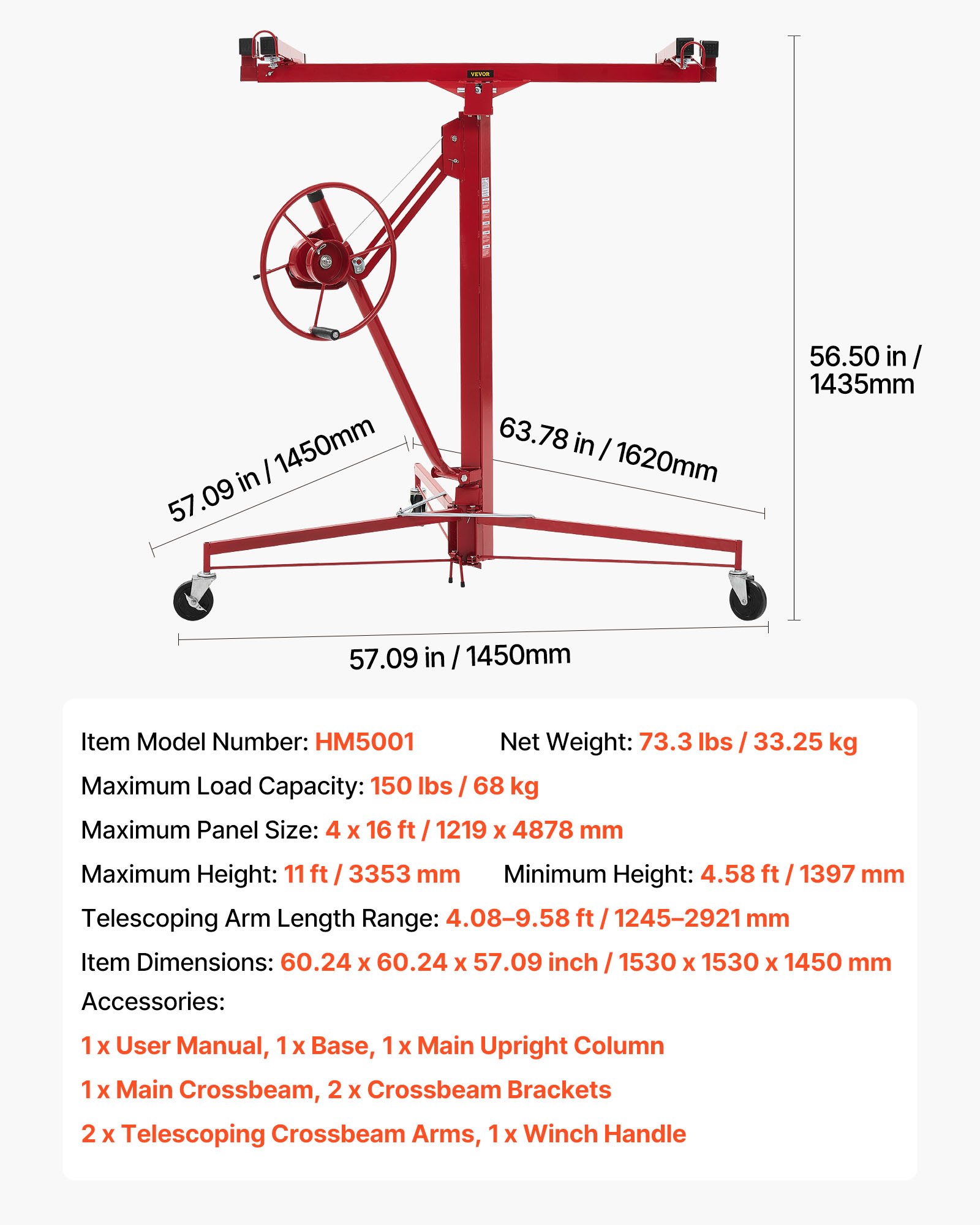 VEVOR Elevador de Placas de Yeso, con Brazo Telescópico Ajustable de 1245–2921 mm, Carga de 68 kg, Altura de 3353 mm, para Montaje en Techo y Pared, de Acero Q235B, 1530 x 1530 x 1450 mm, Rojo