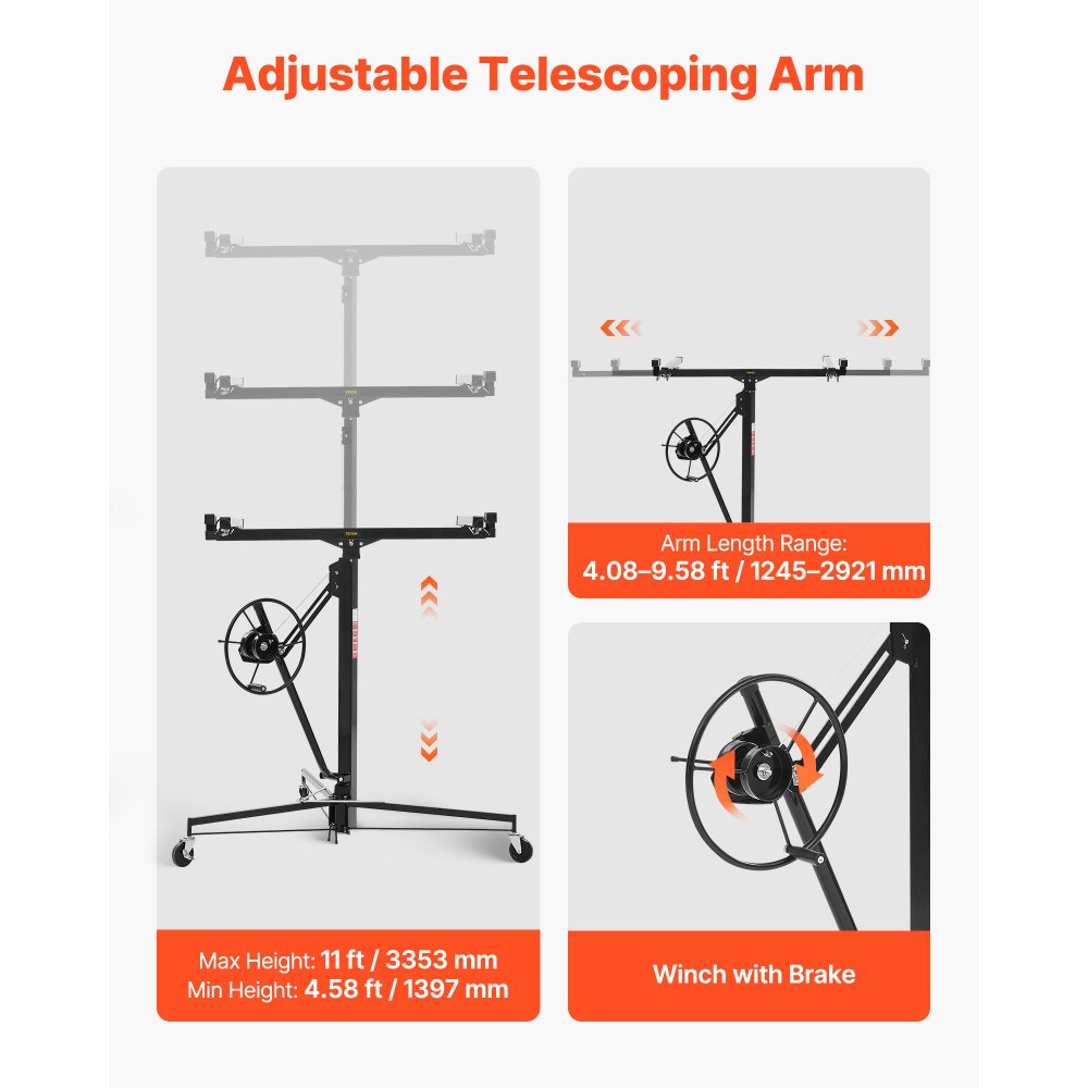VEVOR Elevador de Placas de Yeso, con Brazo Telescópico Ajustable de 1245–2921 mm, Carga de 68 kg, Altura de 3353 mm, Acero Q235B, para Montaje en Techo y Pared, 1530 x 1530 x 1450 mm, Negro