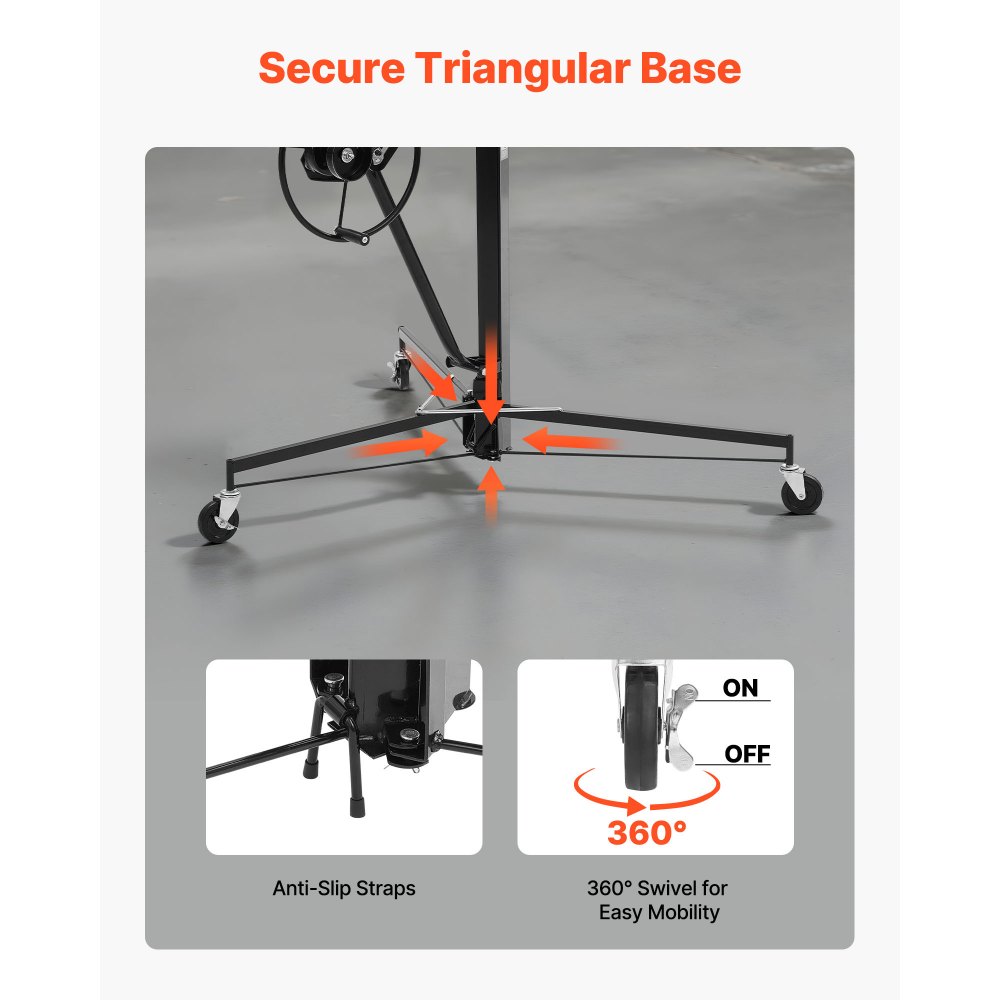 VEVOR Elevador de Placas de Yeso, con Brazo Telescópico Ajustable de 1245–2921 mm, Carga de 68 kg, Altura de 3353 mm, Acero Q235B, para Montaje en Techo y Pared, 1530 x 1530 x 1450 mm, Negro