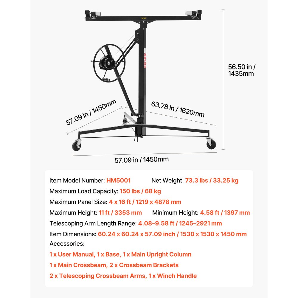 VEVOR Elevador de Placas de Yeso, con Brazo Telescópico Ajustable de 1245–2921 mm, Carga de 68 kg, Altura de 3353 mm, Acero Q235B, para Montaje en Techo y Pared, 1530 x 1530 x 1450 mm, Negro