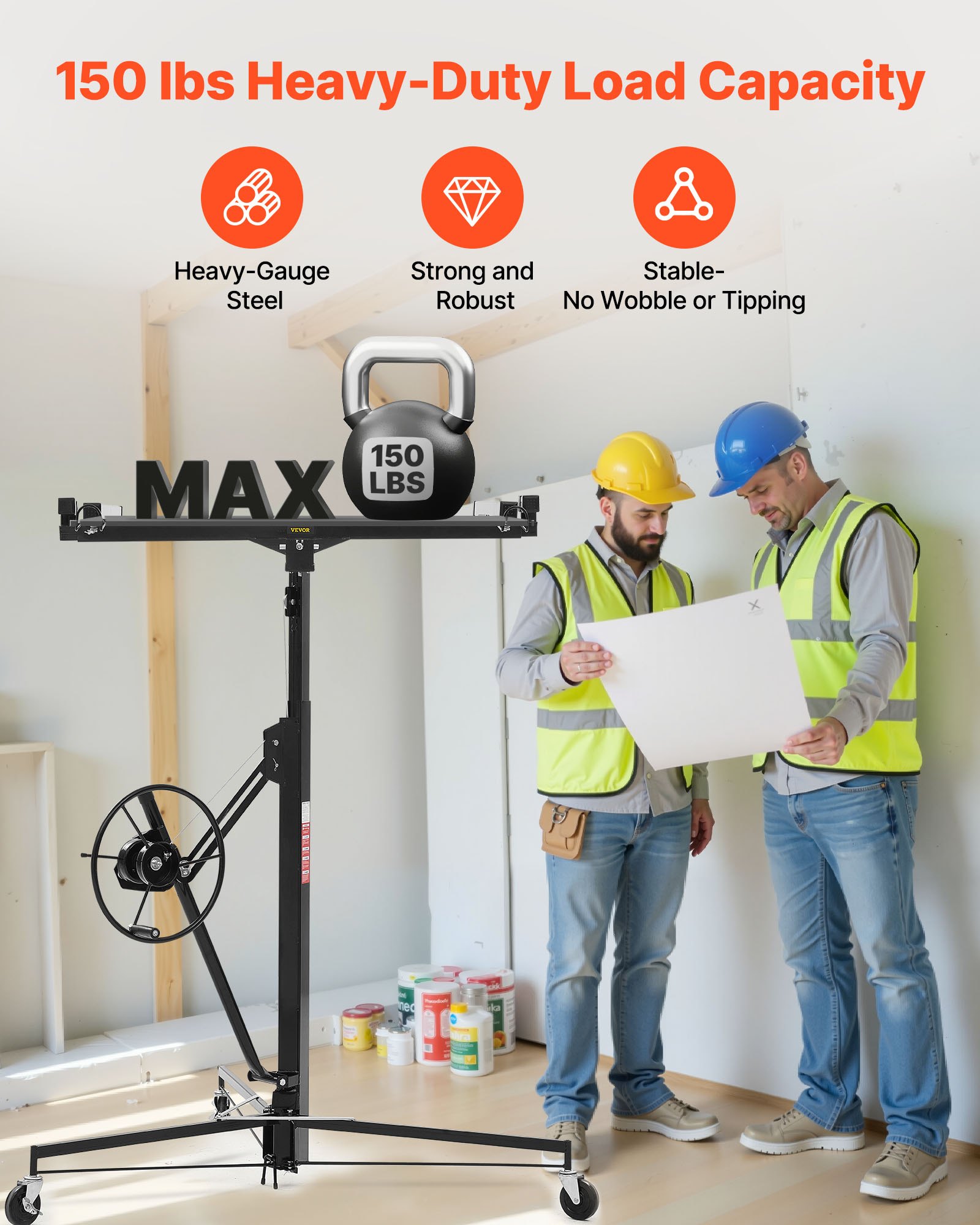 VEVOR Elevador de Placas de Yeso, con Brazo Telescópico Ajustable de 1245–2921 mm, Carga de 68 kg, Altura de 3353 mm, Acero Q235B, para Montaje en Techo y Pared, 1530 x 1530 x 1450 mm, Negro