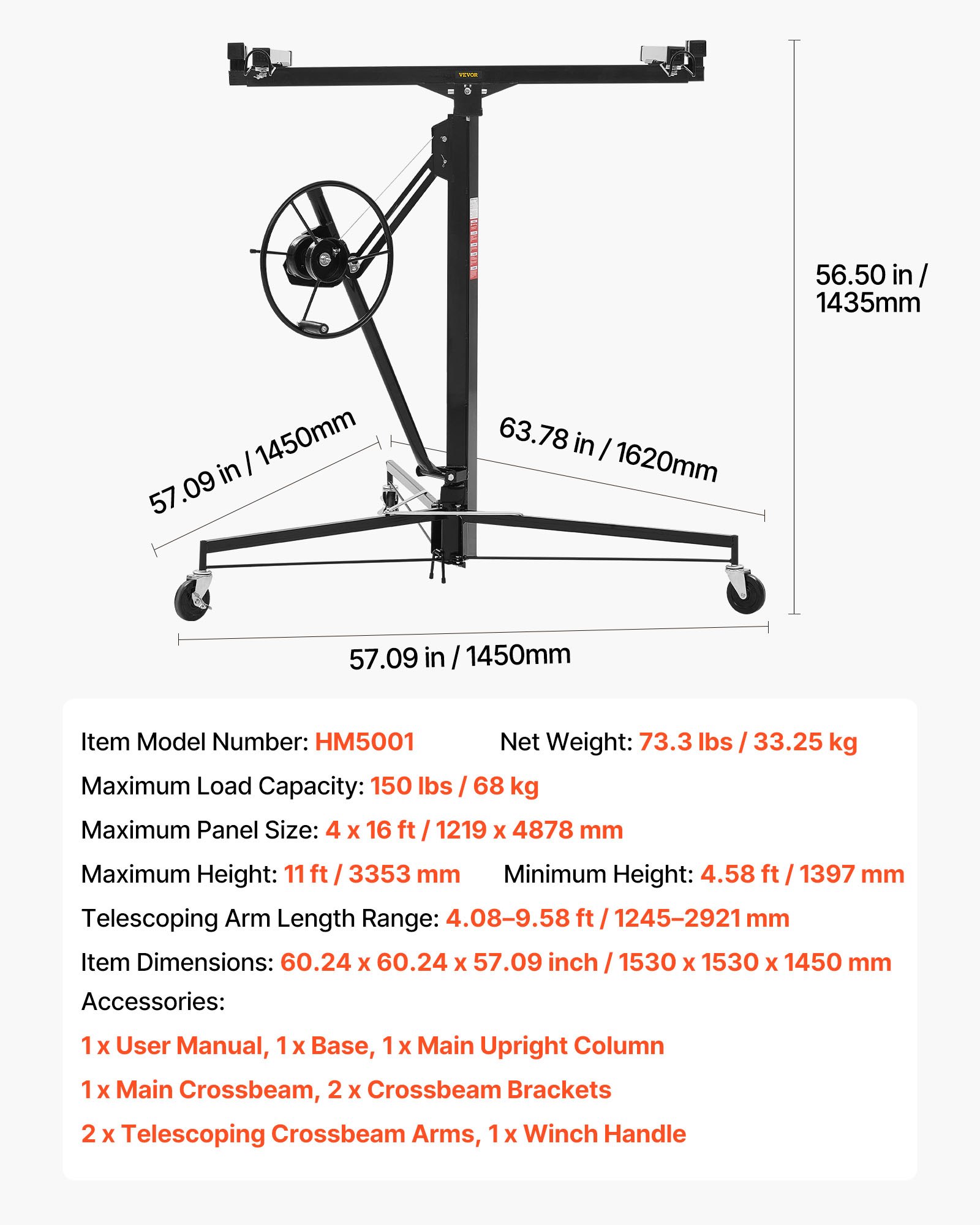 VEVOR Elevador de Placas de Yeso, con Brazo Telescópico Ajustable de 1245–2921 mm, Carga de 68 kg, Altura de 3353 mm, Acero Q235B, para Montaje en Techo y Pared, 1530 x 1530 x 1450 mm, Negro