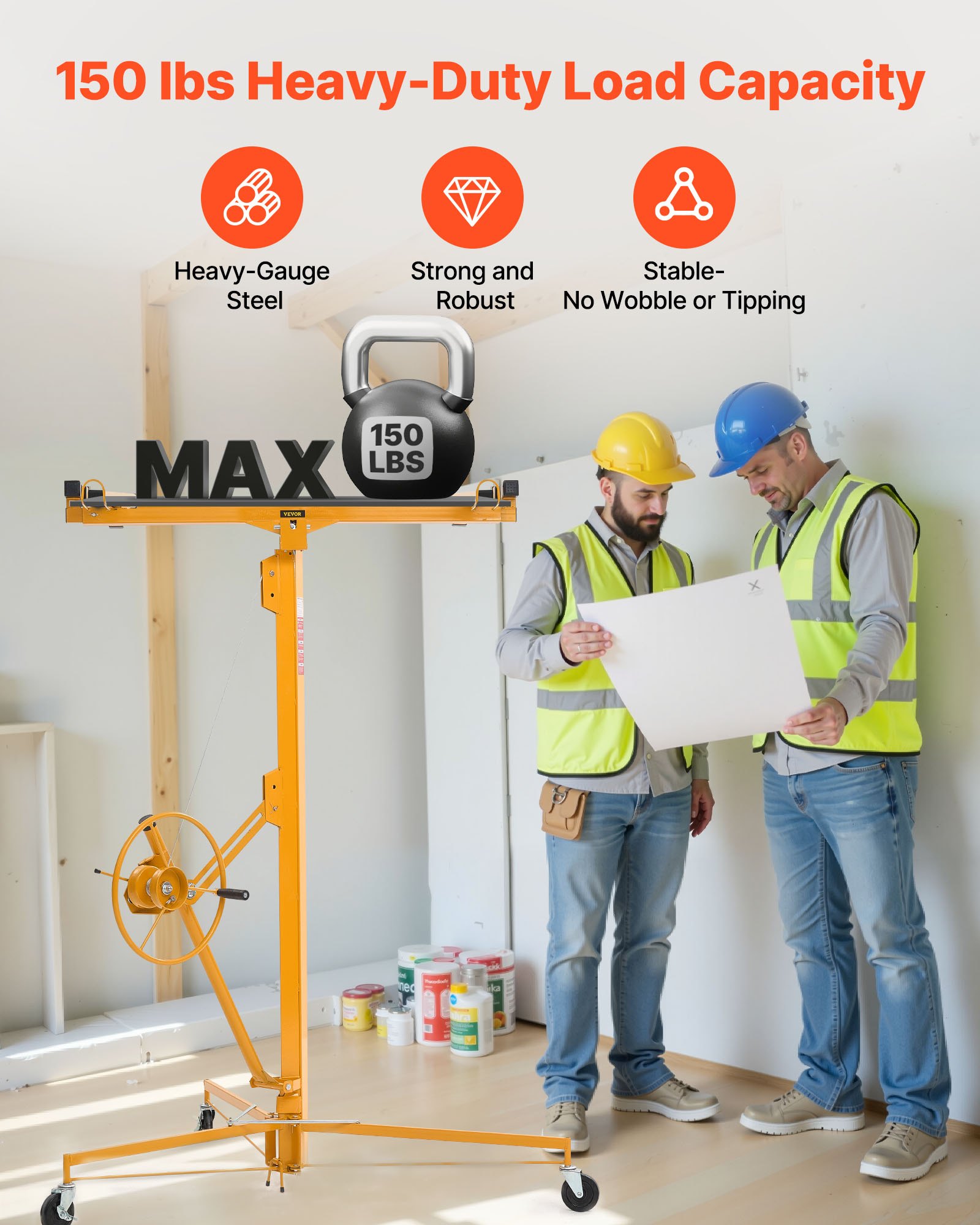 VEVOR Elevador de Placas de Yeso, con Brazo Telescópico Ajustable 1245–2921 mm, Capacidad de Carga de 68 kg, Altura de 4877 mm, para Montaje en Techo y Pared, 1530 x 1530 x 1940 mm, Amarillo