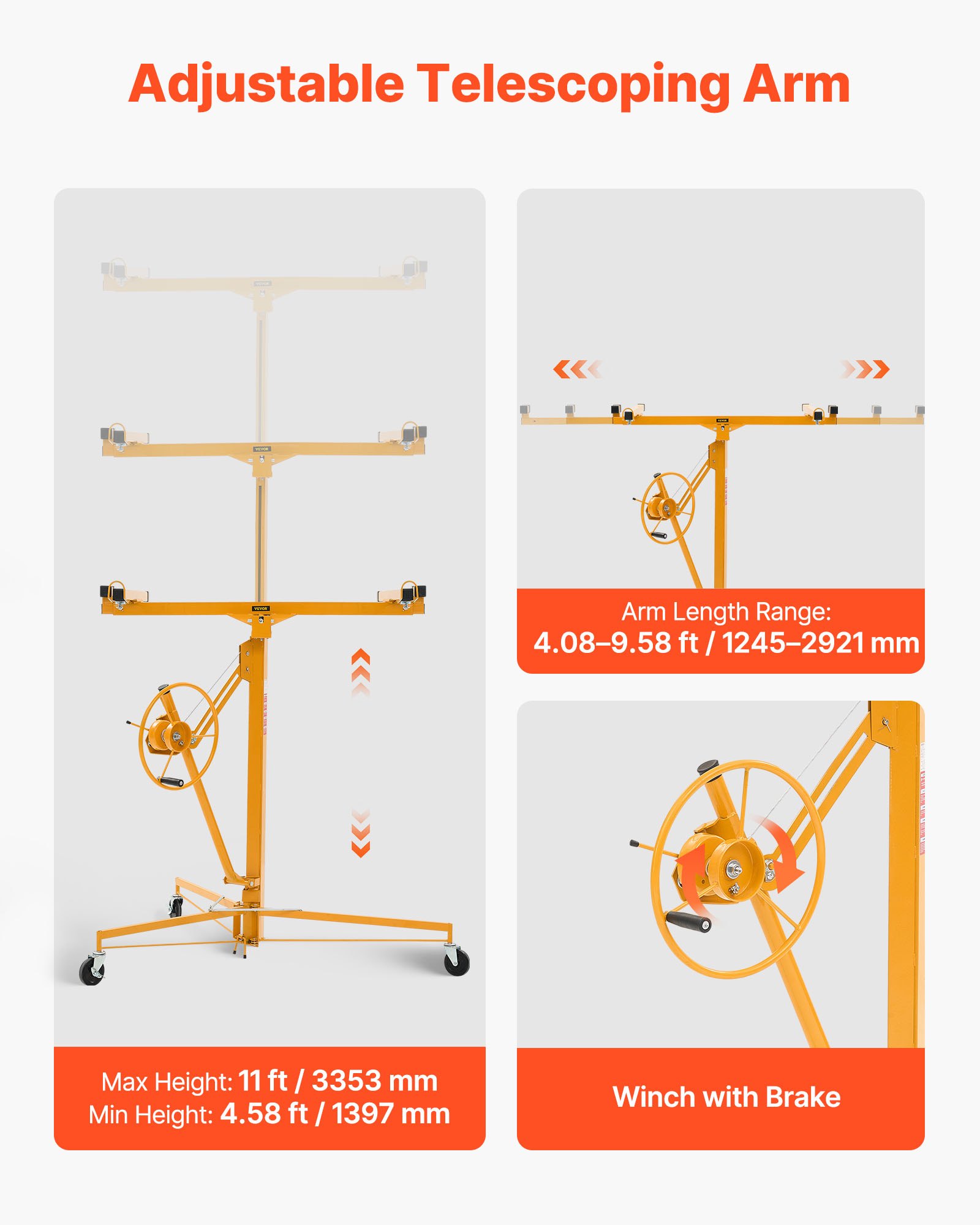 VEVOR Elevador de Placas de Yeso, con Brazo Telescópico Ajustable 1245–2921 mm, Capacidad de Carga de 68 kg, Altura de 3353 mm, para Montaje en Techo y Pared, 1530 x 1530 x 1450 mm, Amarillo