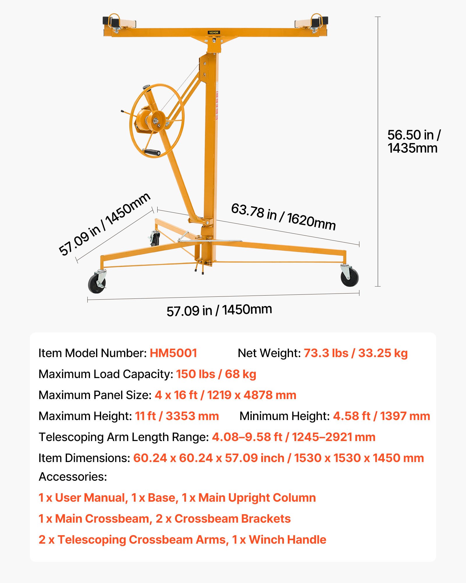 VEVOR Elevador de Placas de Yeso, con Brazo Telescópico Ajustable 1245–2921 mm, Capacidad de Carga de 68 kg, Altura de 3353 mm, para Montaje en Techo y Pared, 1530 x 1530 x 1450 mm, Amarillo