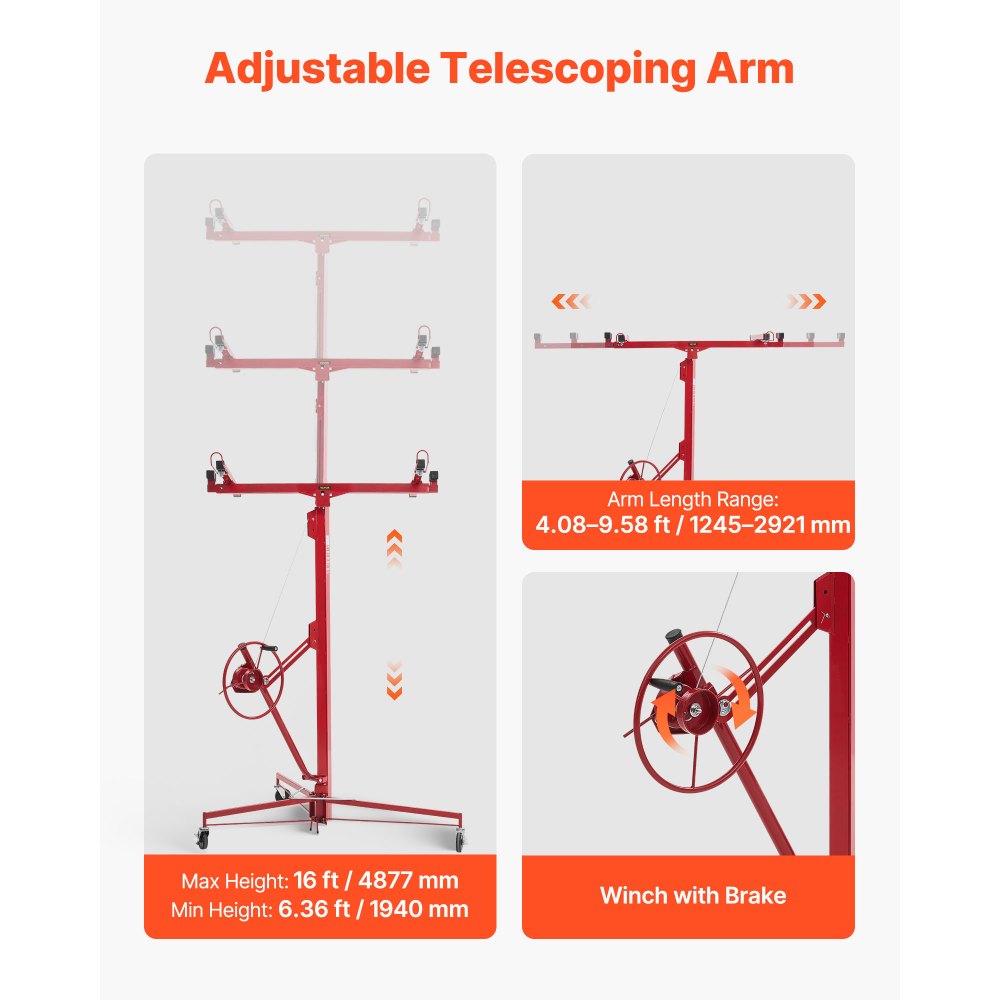 VEVOR Elevador de Placas de Yeso, con Brazo Telescópico Ajustable 1245–2921 mm, Carga Máxima 68 kg, Altura de 4877 mm, para Montaje en Techo y Pared, 1530 x 1530 x 1940 mm, Acero Q235B, Rojo