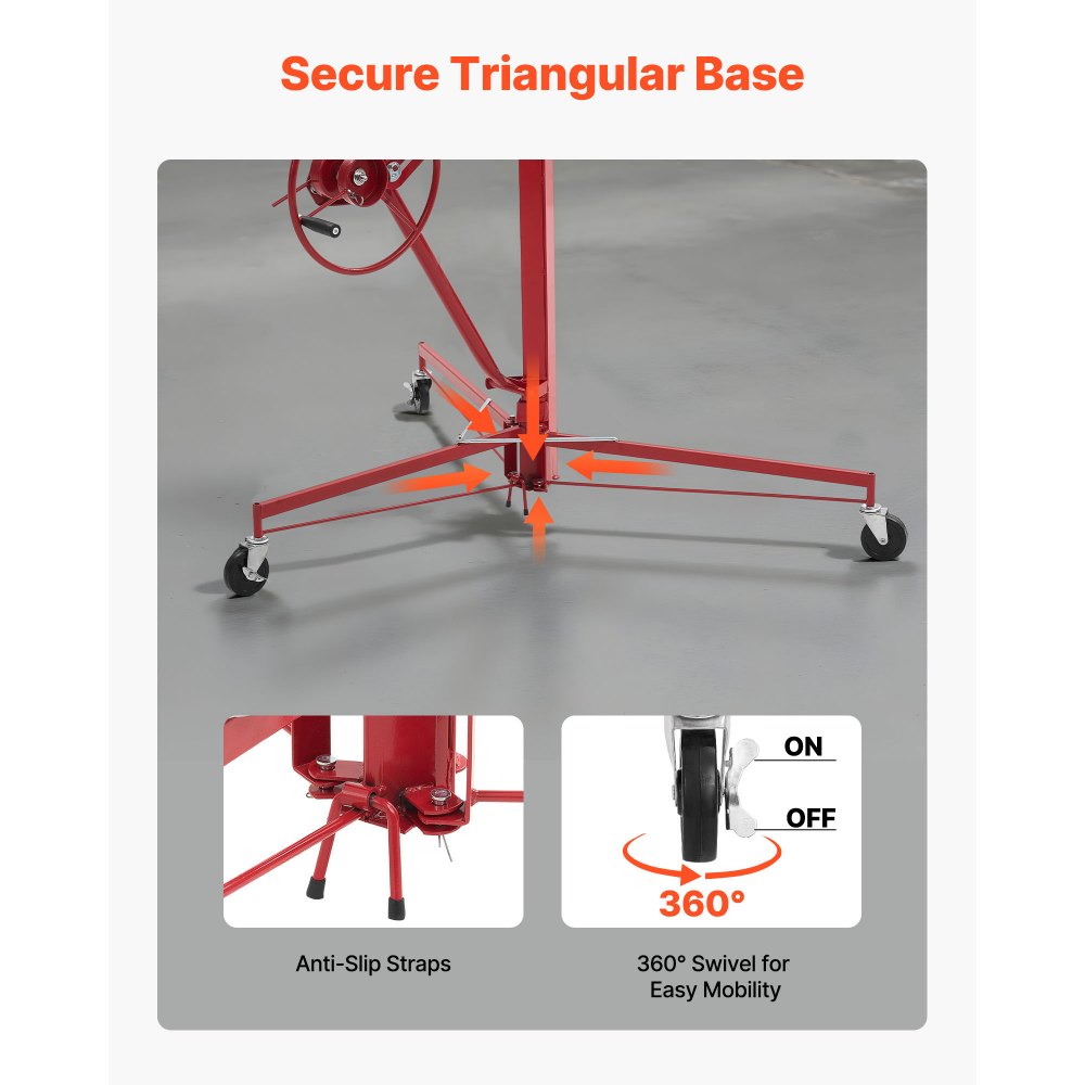 VEVOR Elevador de Placas de Yeso, con Brazo Telescópico Ajustable 1245–2921 mm, Carga Máxima 68 kg, Altura de 4877 mm, para Montaje en Techo y Pared, 1530 x 1530 x 1940 mm, Acero Q235B, Rojo