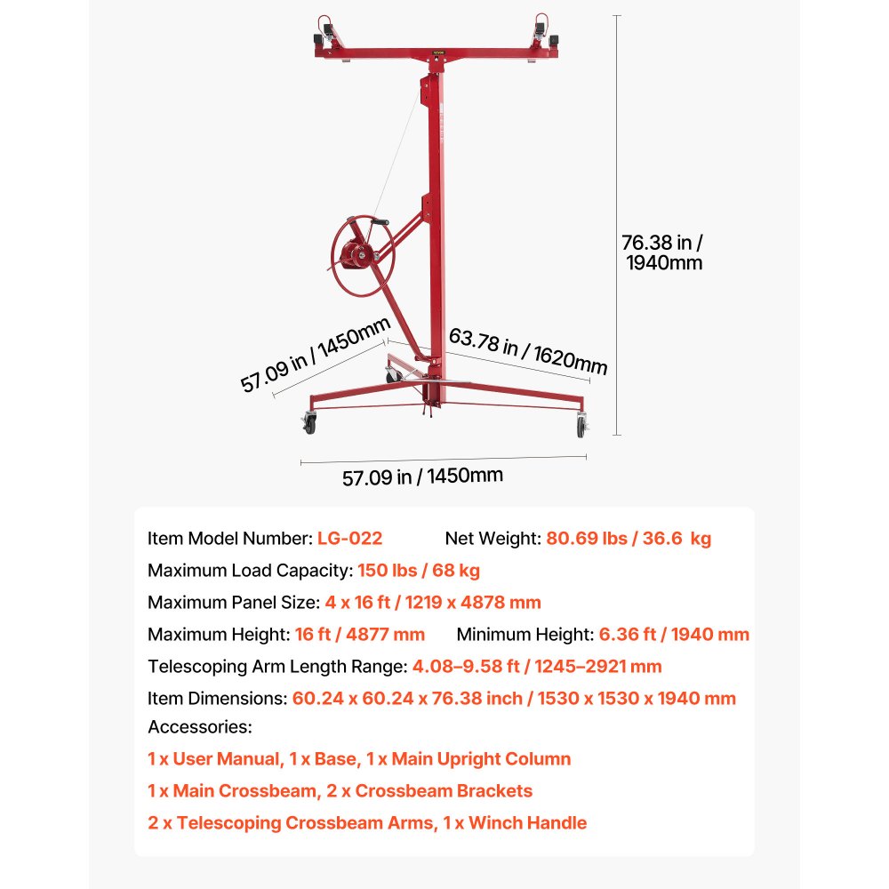 VEVOR Elevador de Placas de Yeso, con Brazo Telescópico Ajustable 1245–2921 mm, Carga Máxima 68 kg, Altura de 4877 mm, para Montaje en Techo y Pared, 1530 x 1530 x 1940 mm, Acero Q235B, Rojo