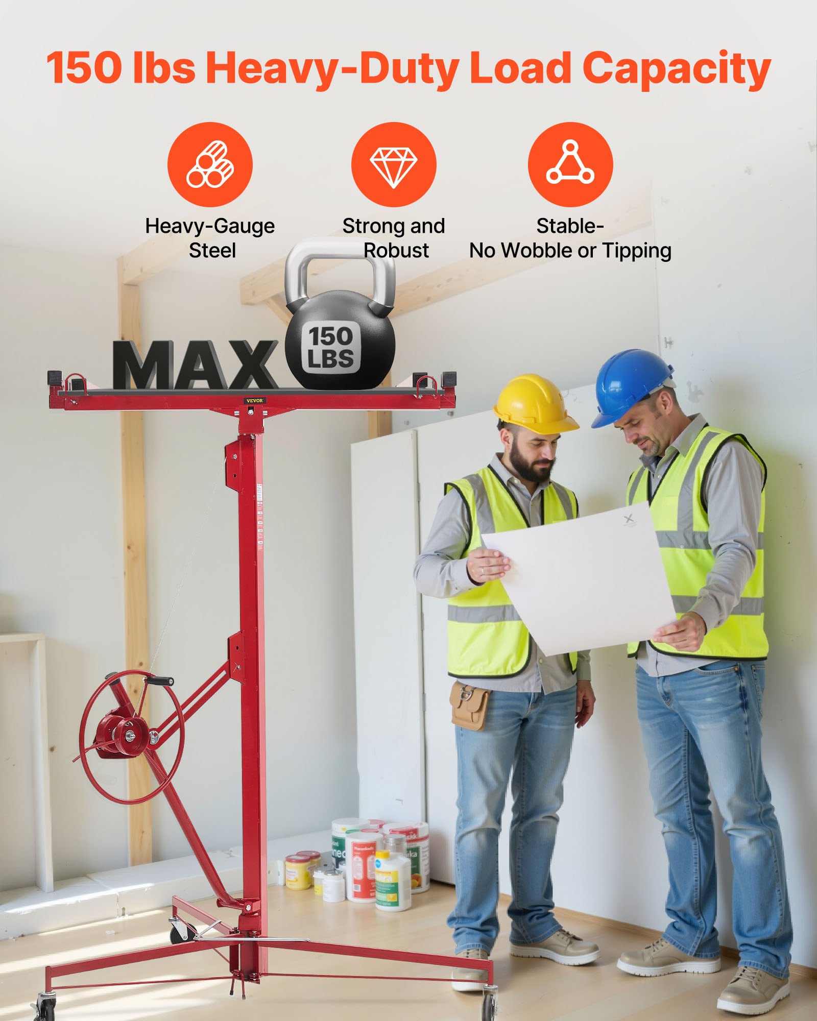 VEVOR Elevador de Placas de Yeso, con Brazo Telescópico Ajustable 1245–2921 mm, Carga Máxima 68 kg, Altura de 4877 mm, para Montaje en Techo y Pared, 1530 x 1530 x 1940 mm, Acero Q235B, Rojo
