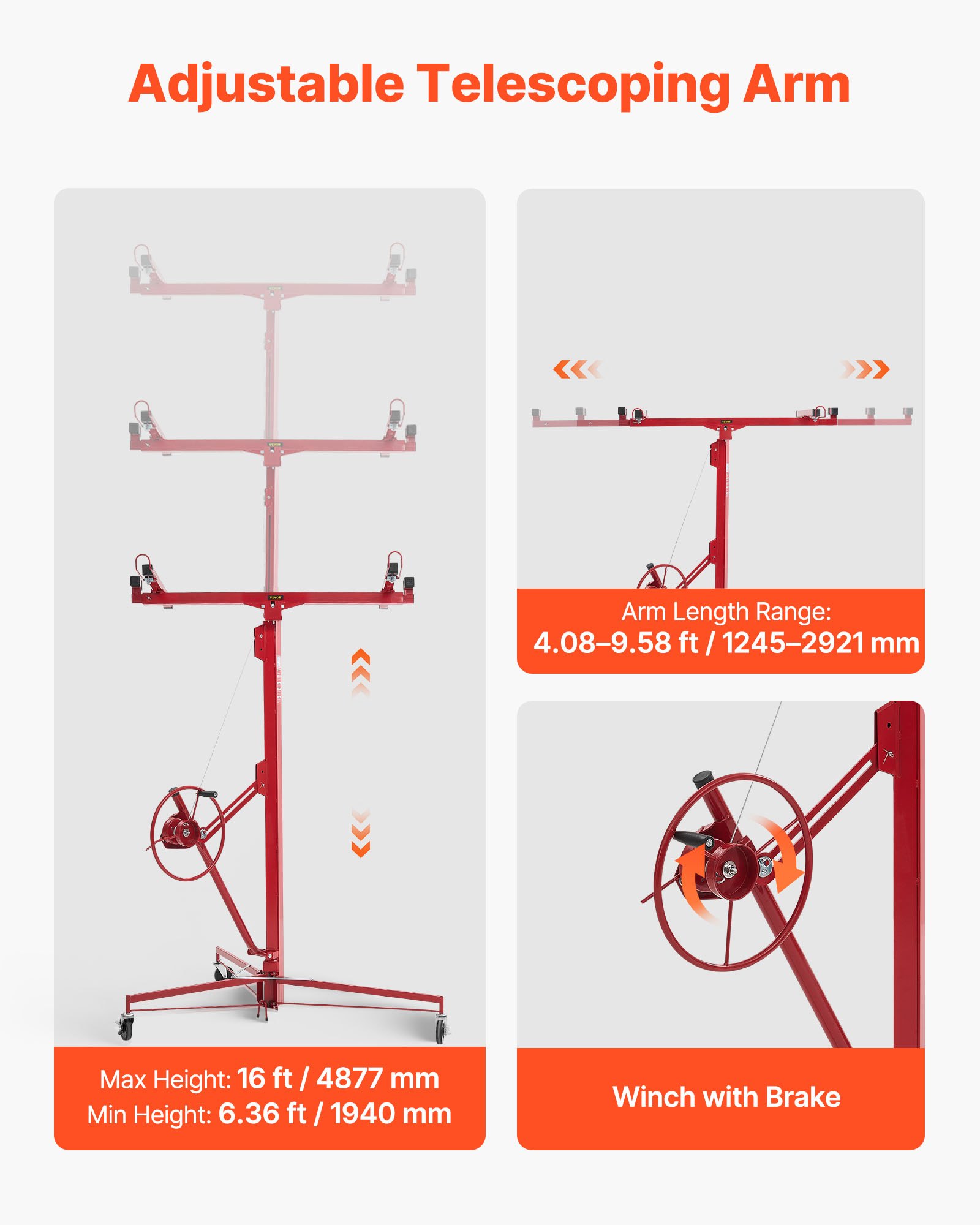 VEVOR Elevador de Placas de Yeso, con Brazo Telescópico Ajustable 1245–2921 mm, Carga Máxima 68 kg, Altura de 4877 mm, para Montaje en Techo y Pared, 1530 x 1530 x 1940 mm, Acero Q235B, Rojo