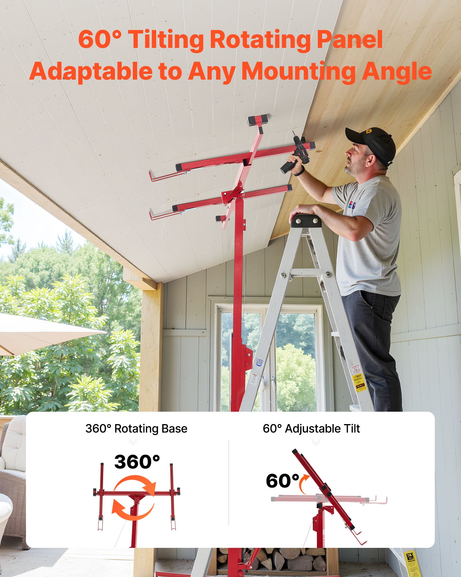 VEVOR Elevador de Placas de Yeso, con Brazo Telescópico Ajustable 1245–2921 mm, Carga Máxima 68 kg, Altura de 4877 mm, para Montaje en Techo y Pared, 1530 x 1530 x 1940 mm, Acero Q235B, Rojo