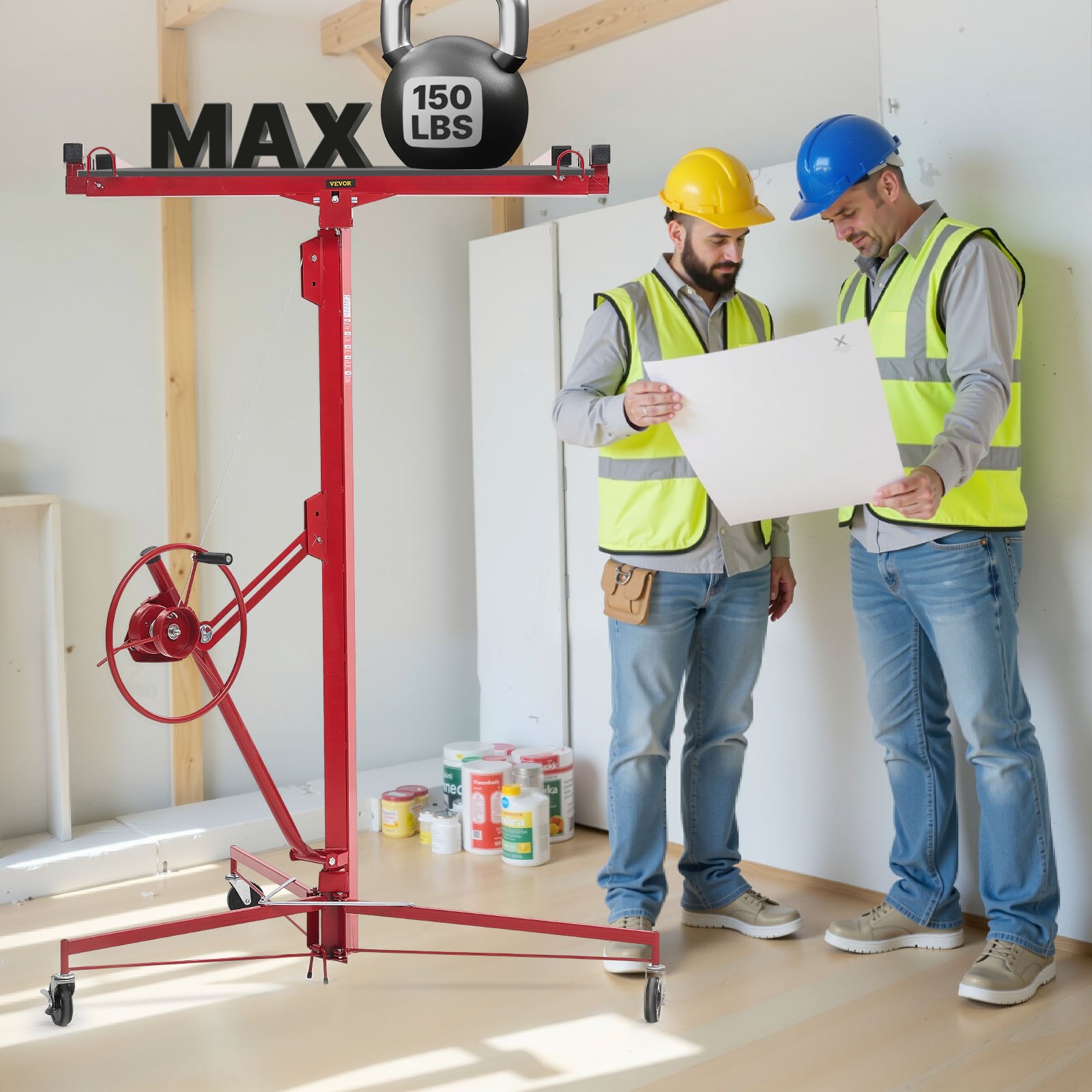 VEVOR Elevador de Placas de Yeso, con Brazo Telescópico Ajustable 1245–2921 mm, Carga Máxima 68 kg, Altura de 4877 mm, para Montaje en Techo y Pared, 1530 x 1530 x 1940 mm, Acero Q235B, Rojo