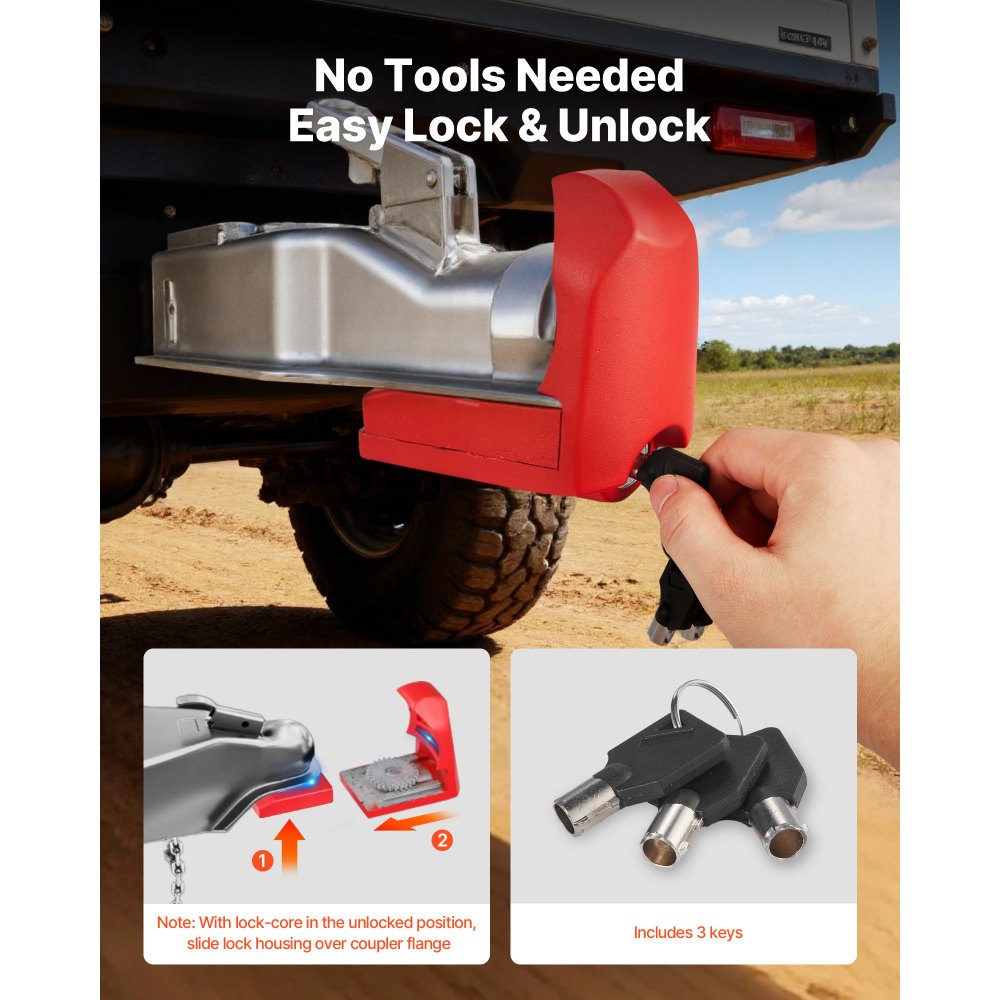 VEVOR Candado para Remolque, Compatible con Acoplamientos de 47,6/50,8/58,7 mm, Candado de Bola Antirrobo con 3 Llaves, Apto para Autocaravanas, Barcos y Remolques, Color Rojo, 93 x 65 x 110 mm
