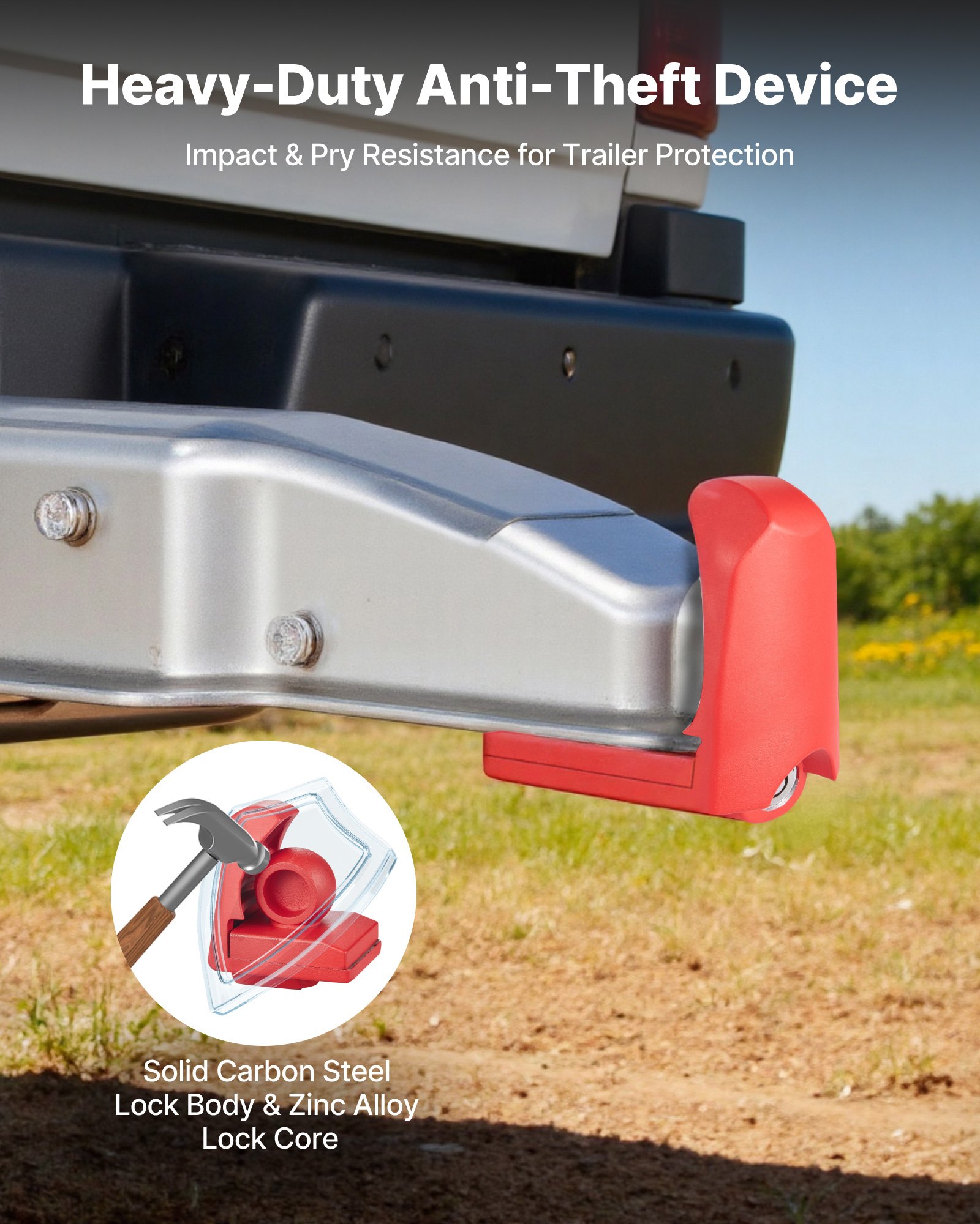 VEVOR Candado para Remolque, Compatible con Acoplamientos de 47,6/50,8/58,7 mm, Candado de Bola Antirrobo con 3 Llaves, Apto para Autocaravanas, Barcos y Remolques, Color Rojo, 93 x 65 x 110 mm