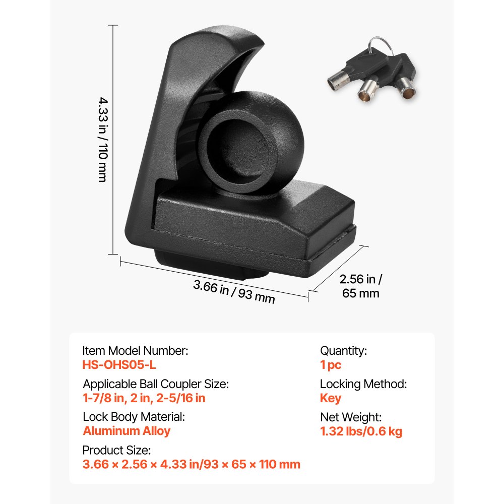 VEVOR Candado para Remolque, Compatible con Acoplamientos de 47,6/50,8/58,7 mm, Candado de Bola Antirrobo con 3 Llaves, Ideal para Autocaravanas, Barcos y Remolques, Color Negro, 93 x 65 x 110 mm
