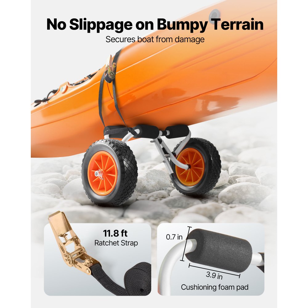 VEVOR Remolque Horizontal para Kayak, Remolque Plegable 620x350x325 mm con Neumáticos de Goma Maciza de 25,4 cm y 1 Correa de Trinquete Carga de 90 kg, Carrito para Tabla de Surf de Remo, Kayaks