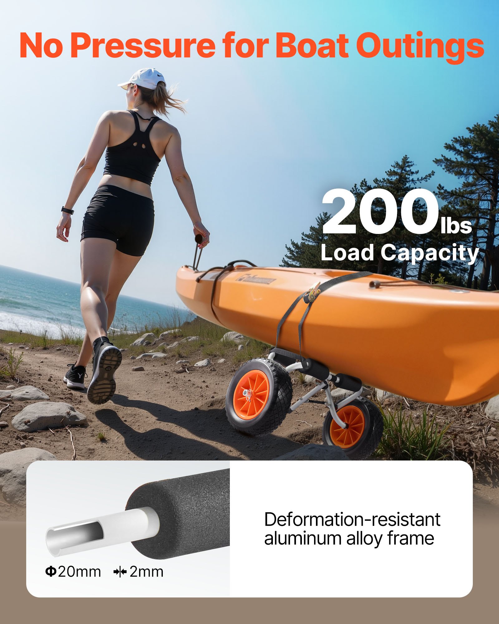VEVOR Remolque Horizontal para Kayak, Remolque Plegable 620x350x325 mm con Neumáticos de Goma Maciza de 25,4 cm y 1 Correa de Trinquete Carga de 90 kg, Carrito para Tabla de Surf de Remo, Kayaks