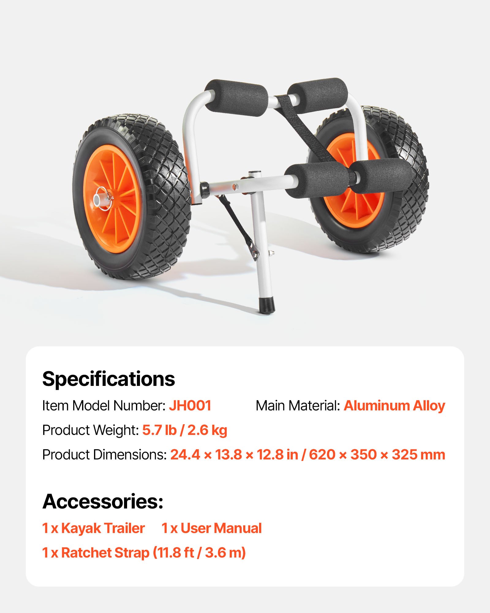 VEVOR Remolque Horizontal para Kayak, Remolque Plegable 620x350x325 mm con Neumáticos de Goma Maciza de 25,4 cm y 1 Correa de Trinquete Carga de 90 kg, Carrito para Tabla de Surf de Remo, Kayaks