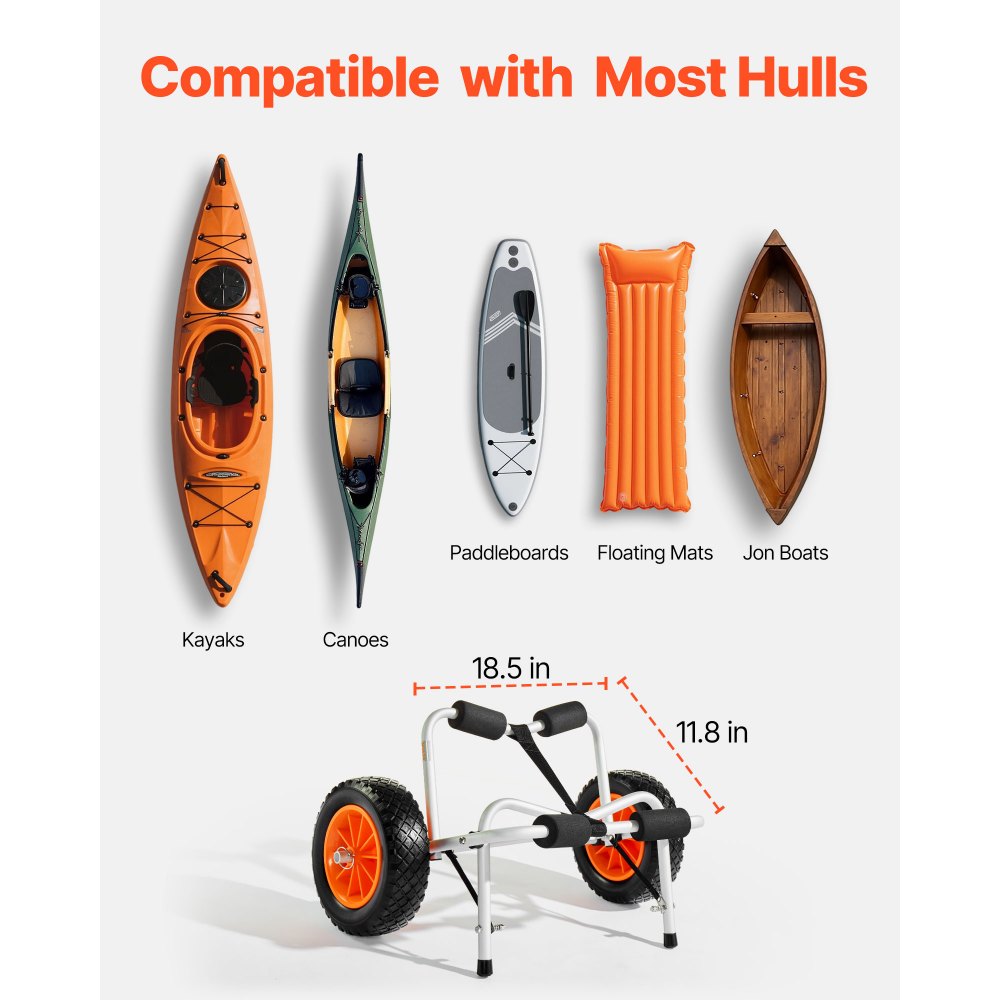 VEVOR Kayak Cart, 113.4 kg Load Capacity, Foldable Kayak Trolley with 25.4 cm Solid Rubber Tires & 1 Ratchet Strap, Paddle Board Trolley for Carrying Kayaks, Canoes, Paddleboards, Float Mats,Jon Boats
