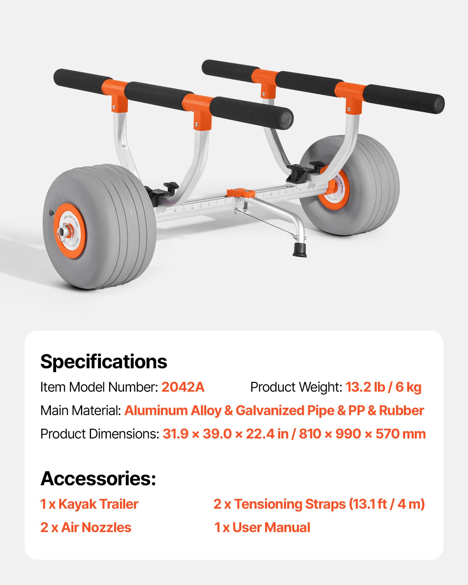 VEVOR Remolque Horizontal para Kayak, Remolque de Kayak 810 x 990 x 570 mm con Neumáticos Inflables de PU de 30,5 cm y 2 Correas Carga de 158 kg Carrito para Tabla de Surf de Remo, Kayaks, Canoas