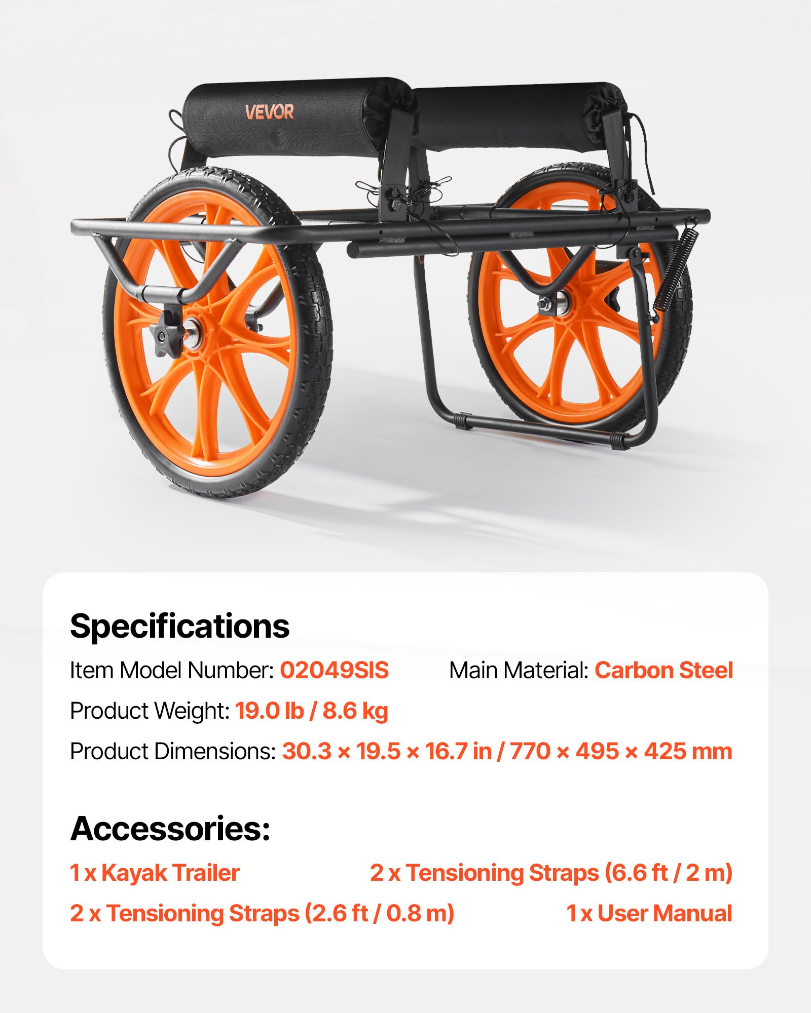 VEVOR Remolque Horizontal para Kayak, Remolque de Kayak 770 x 495 x 425 mm con Neumáticos de Goma Maciza de 38,1 cm y Pata de Cabra Carga 150 kg Carrito para Tabla de Surf de Remo, Kayaks, Canoas