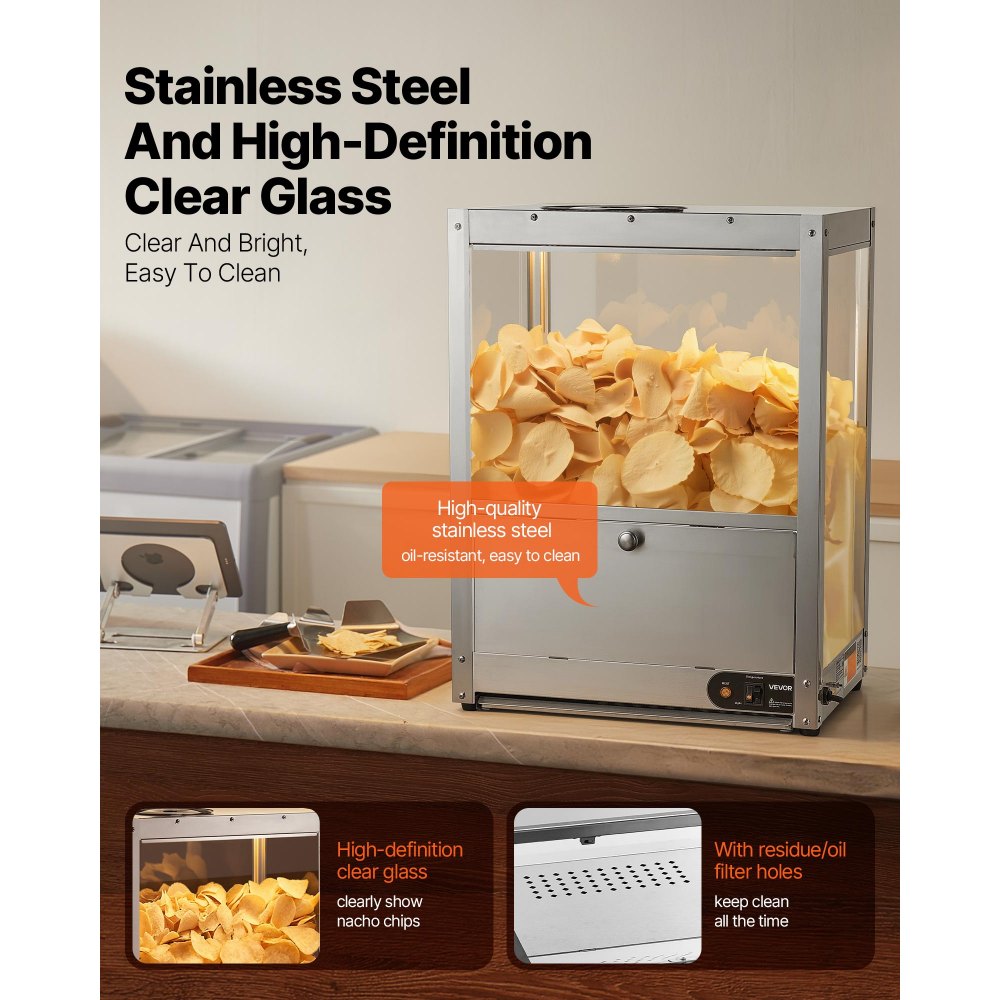 VEVOR Vitrina de Calor para Nachos de 80 L 300 W, Expositor Térmico de Acero Inoxidable, con Base Calefactora y Luz de Calentamiento, 30°C~85°C, con Placa Deflectora, para Palomitas, Patatas Fritas