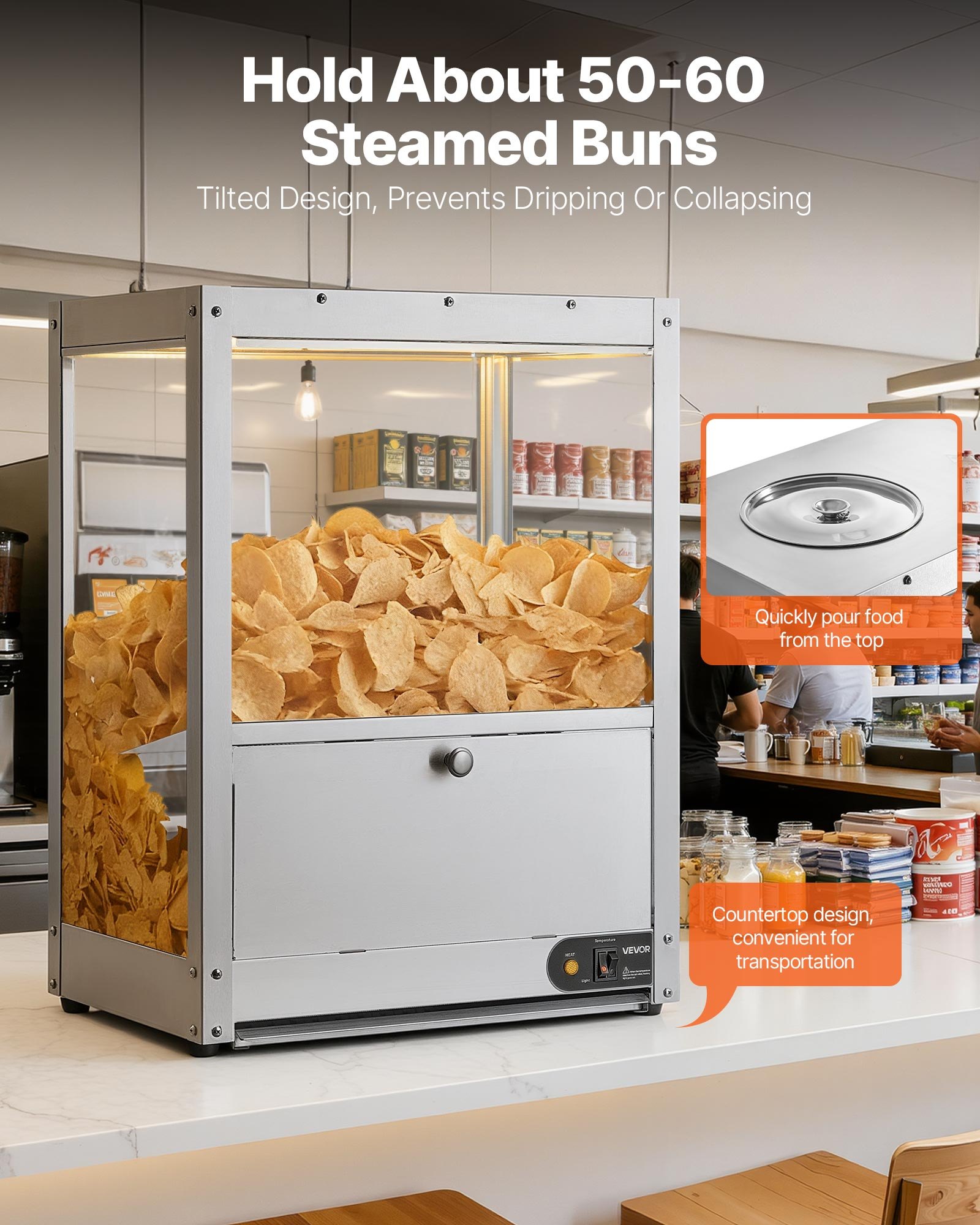 VEVOR Vitrina de Calor para Nachos de 80 L 300 W, Expositor Térmico de Acero Inoxidable, con Base Calefactora y Luz de Calentamiento, 30°C~85°C, con Placa Deflectora, para Palomitas, Patatas Fritas